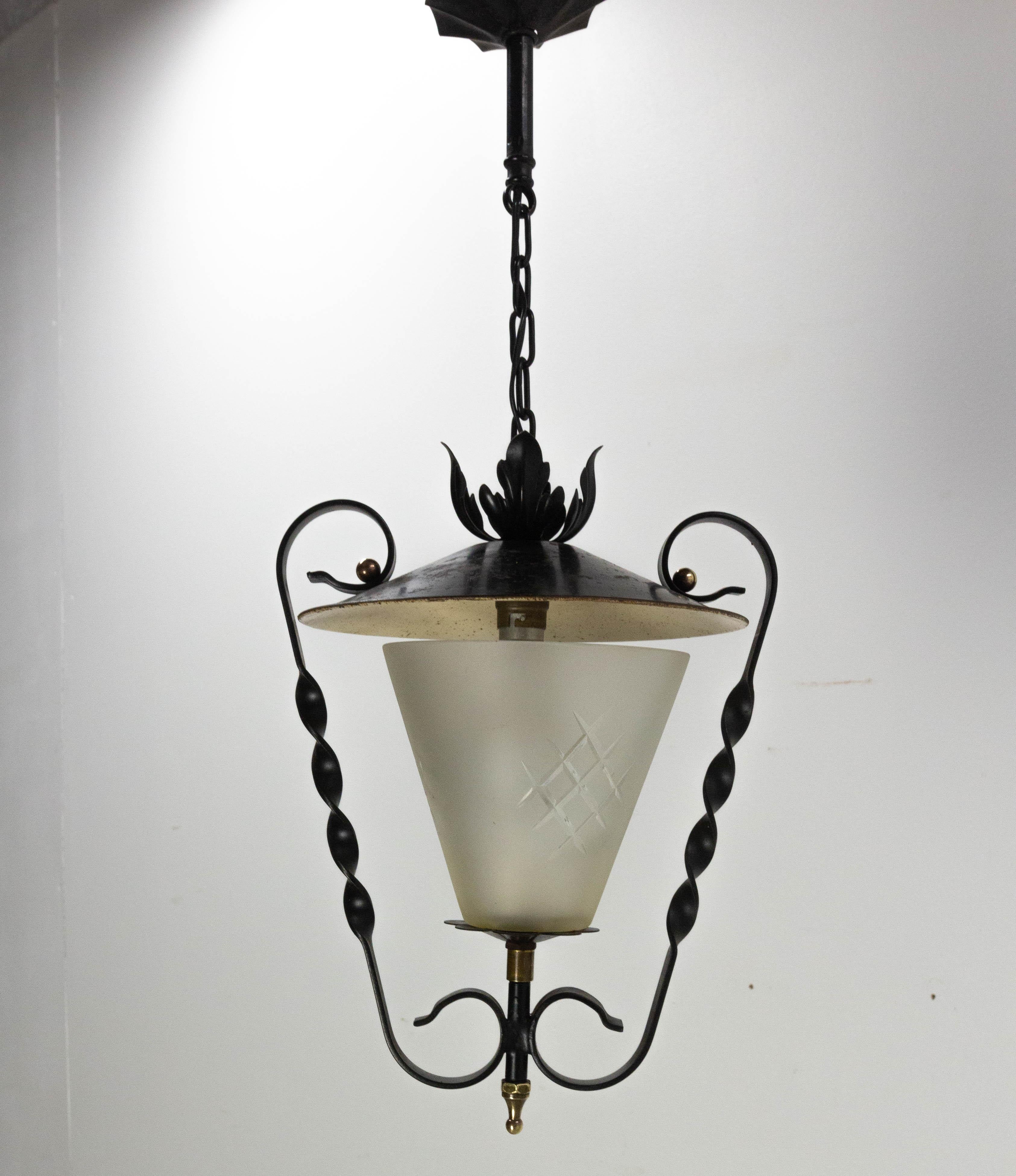 Pendant light chandelier, France, midcentury
Frosted glass globe 
Wrought iron and glass
Vegetal inspiration.
This can be rewired to USA, UK and European standards
Good condition.