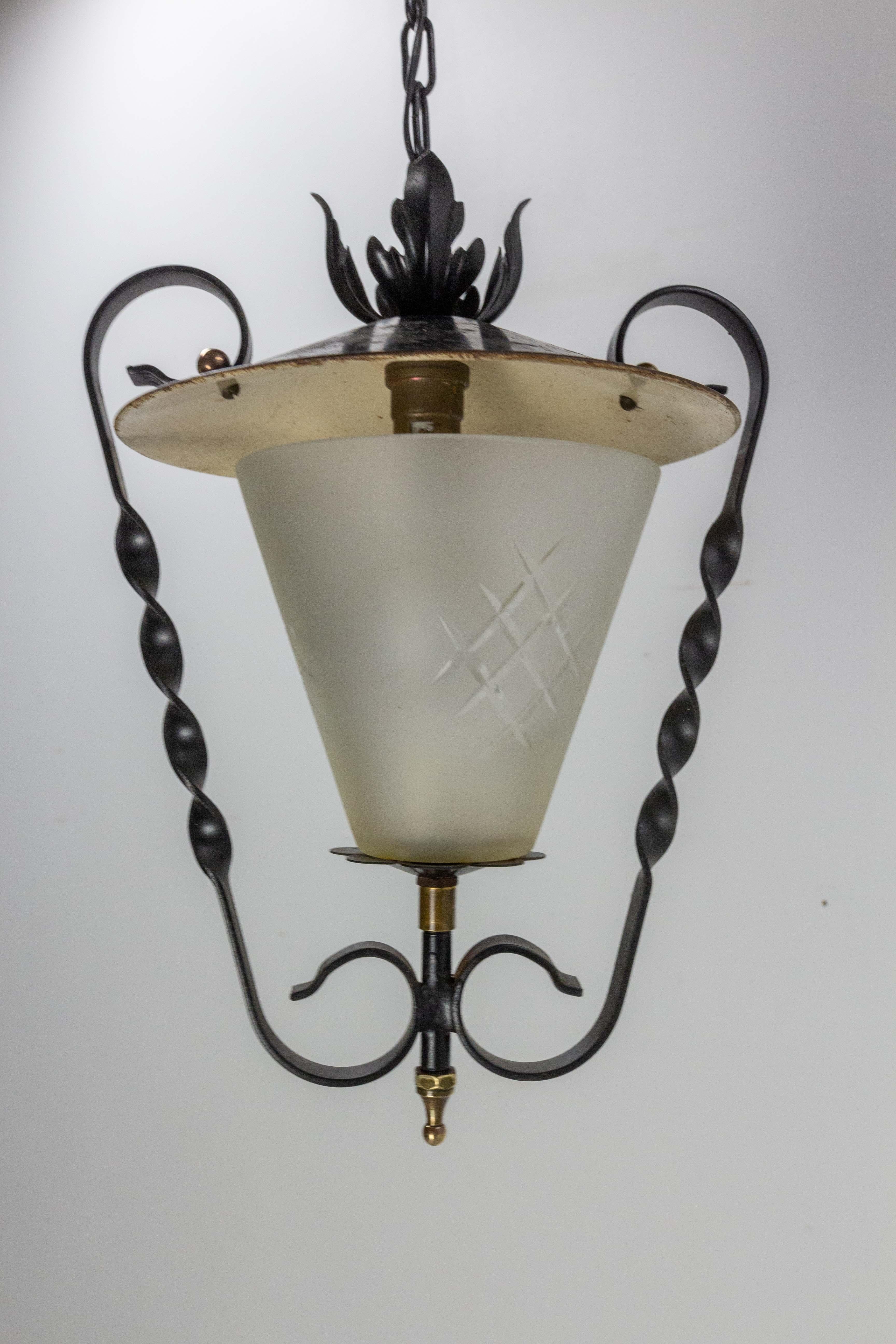 Mid-Century Modern Wrought Iron Frosten Glass Ceiling Lamp Lustre French Lantern, circa 1960 For Sale