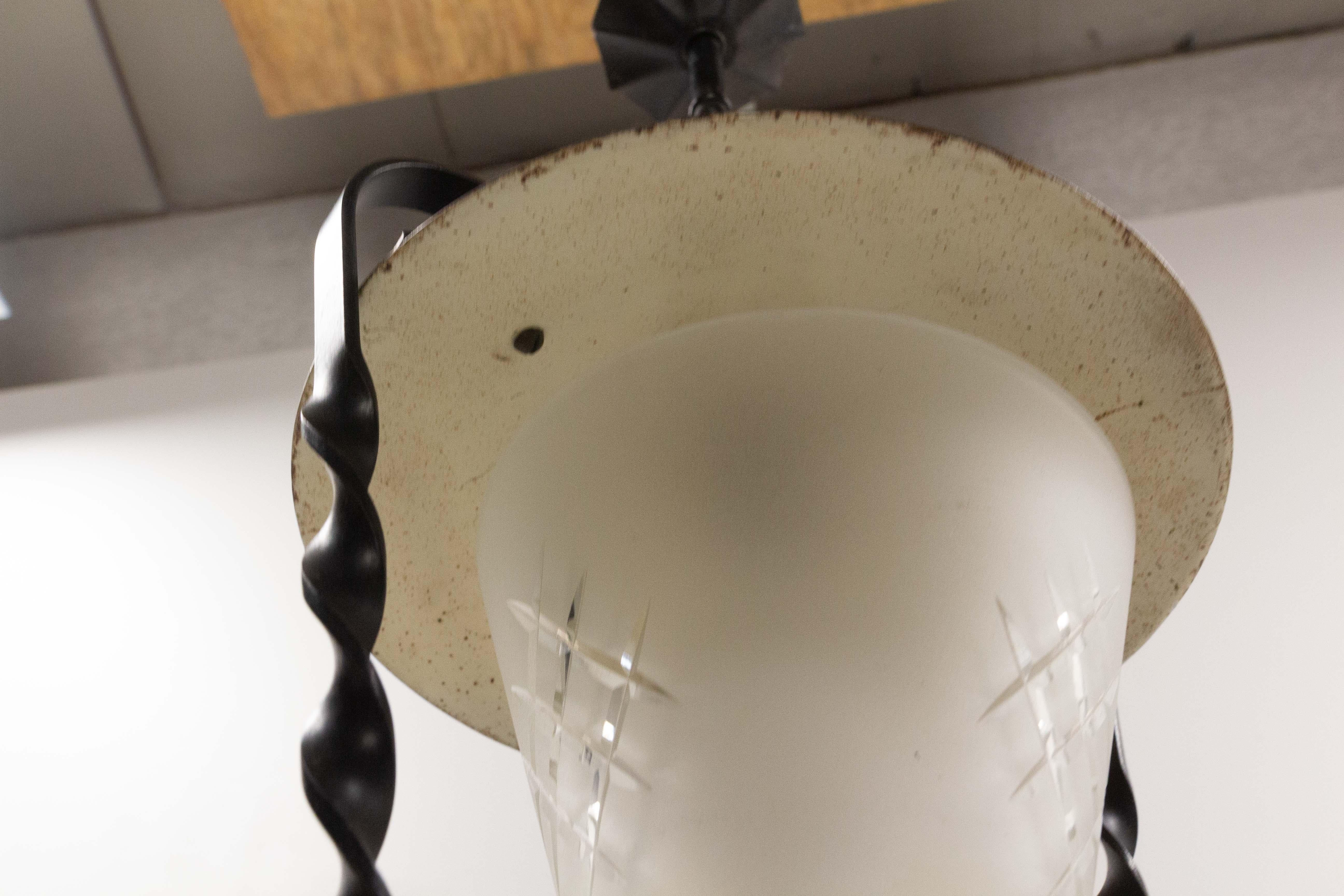 Wrought Iron Frosten Glass Ceiling Lamp Lustre French Lantern, circa 1960 In Good Condition For Sale In Labrit, Landes