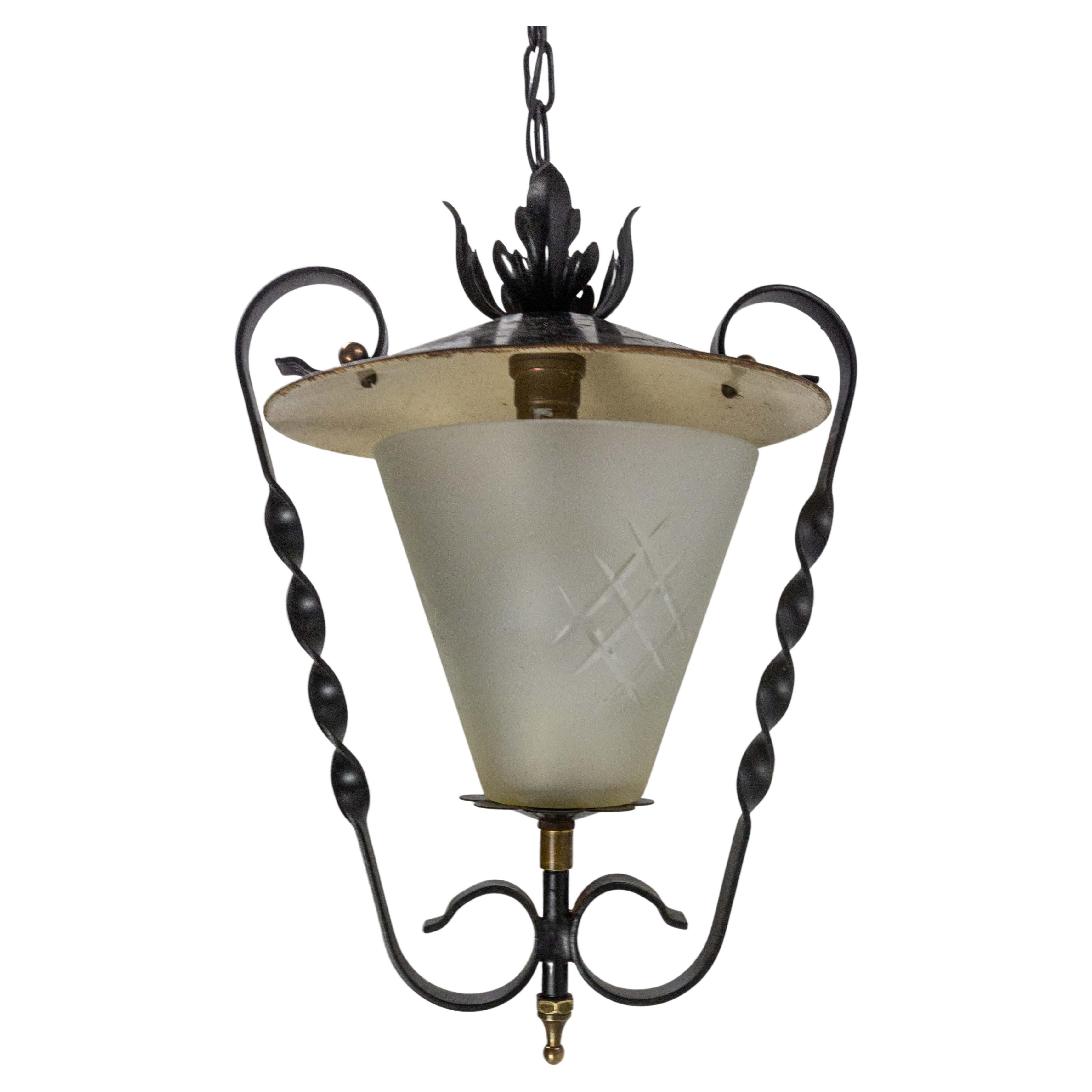 Wrought Iron Frosten Glass Ceiling Lamp Lustre French Lantern, circa 1960 For Sale