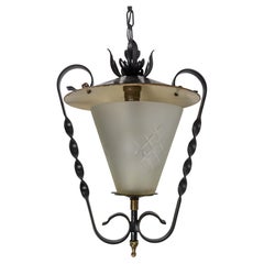 Wrought Iron Frosten Glass Ceiling Lamp Lustre French Lantern, circa 1960