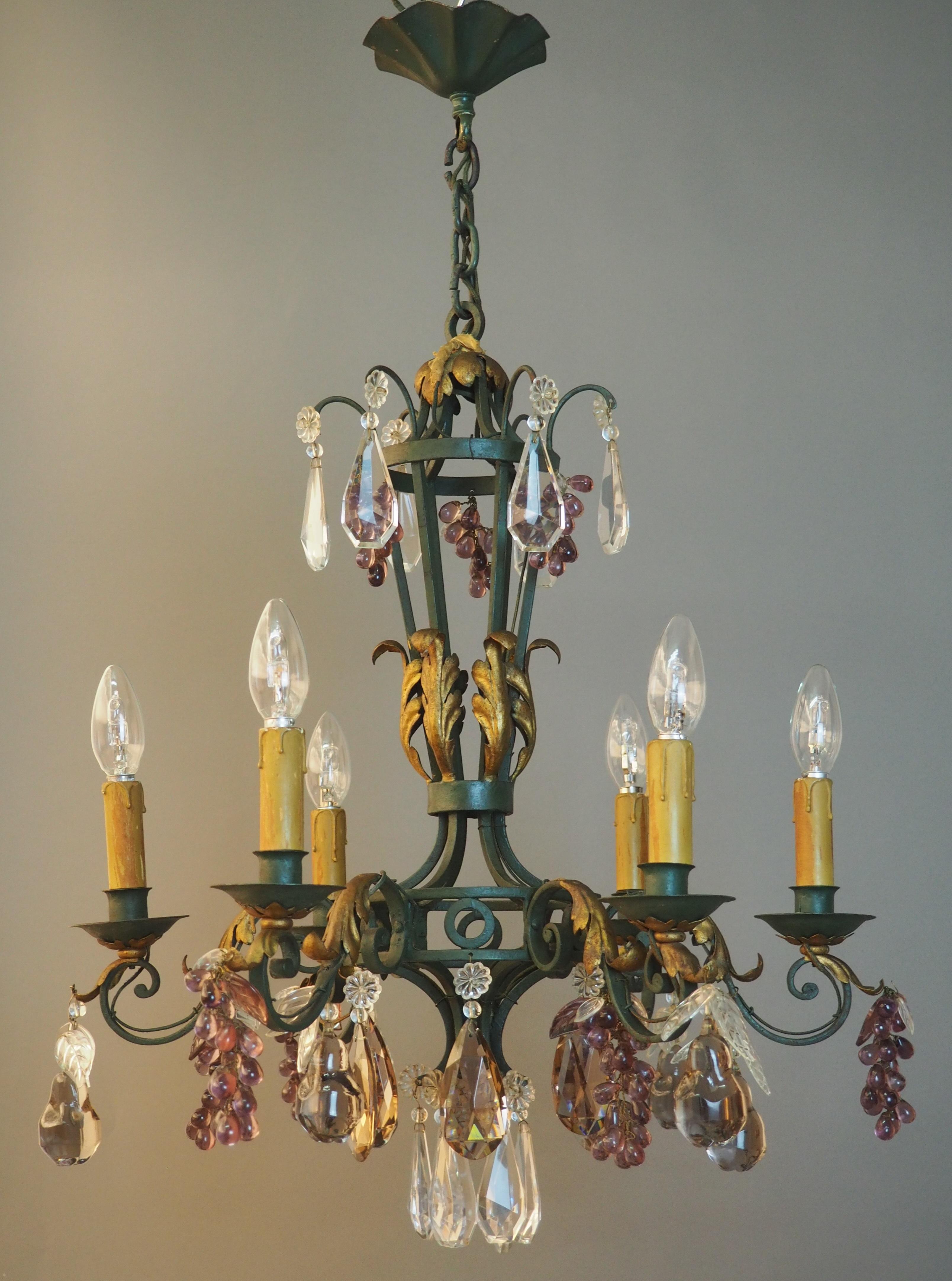 Green Painted and Gilt Wrought Iron Amethyst Chandelier with Fruits, 1900s For Sale 3