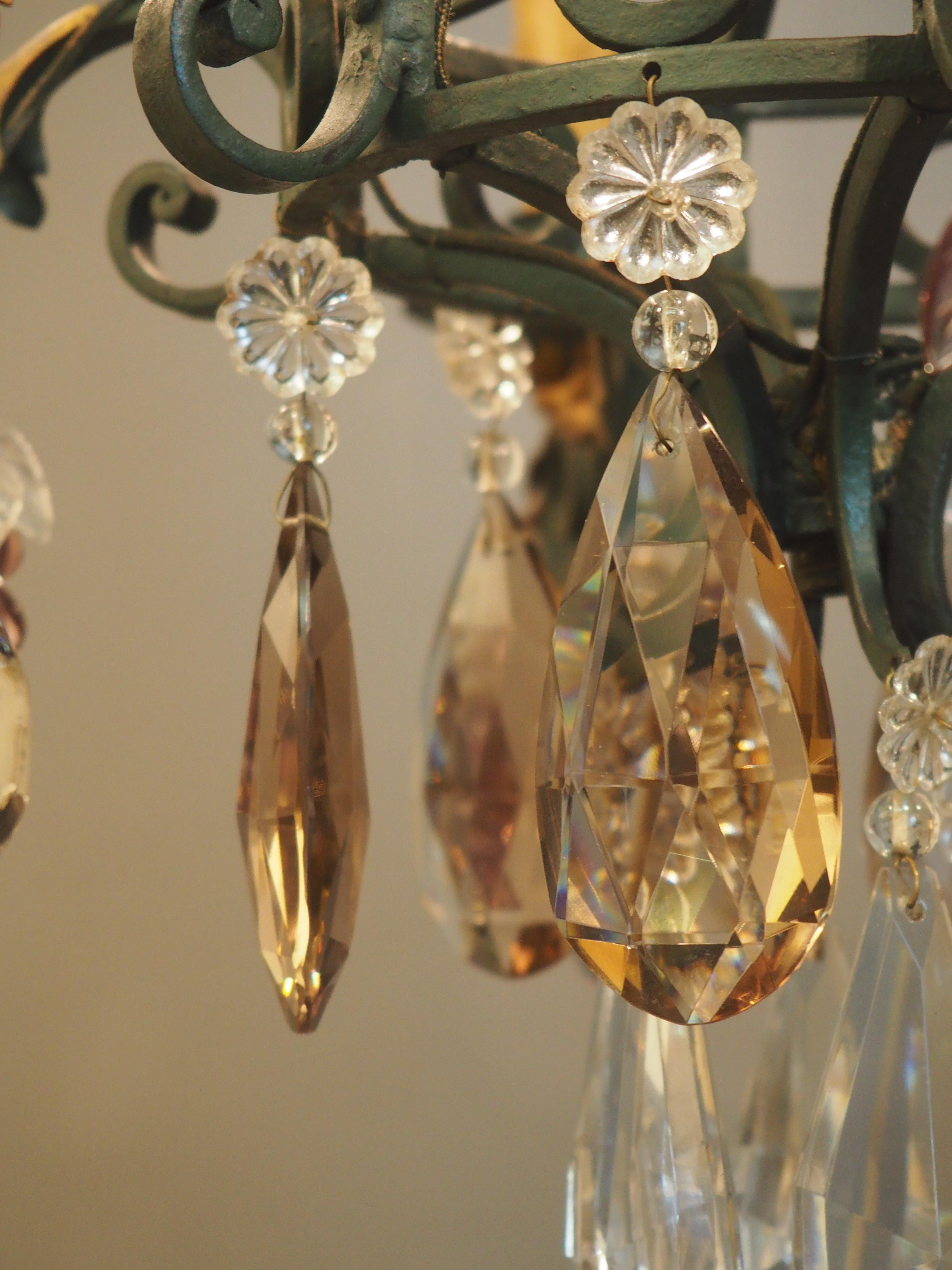 Patinated Green Painted and Gilt Wrought Iron Amethyst Chandelier with Fruits, 1900s For Sale