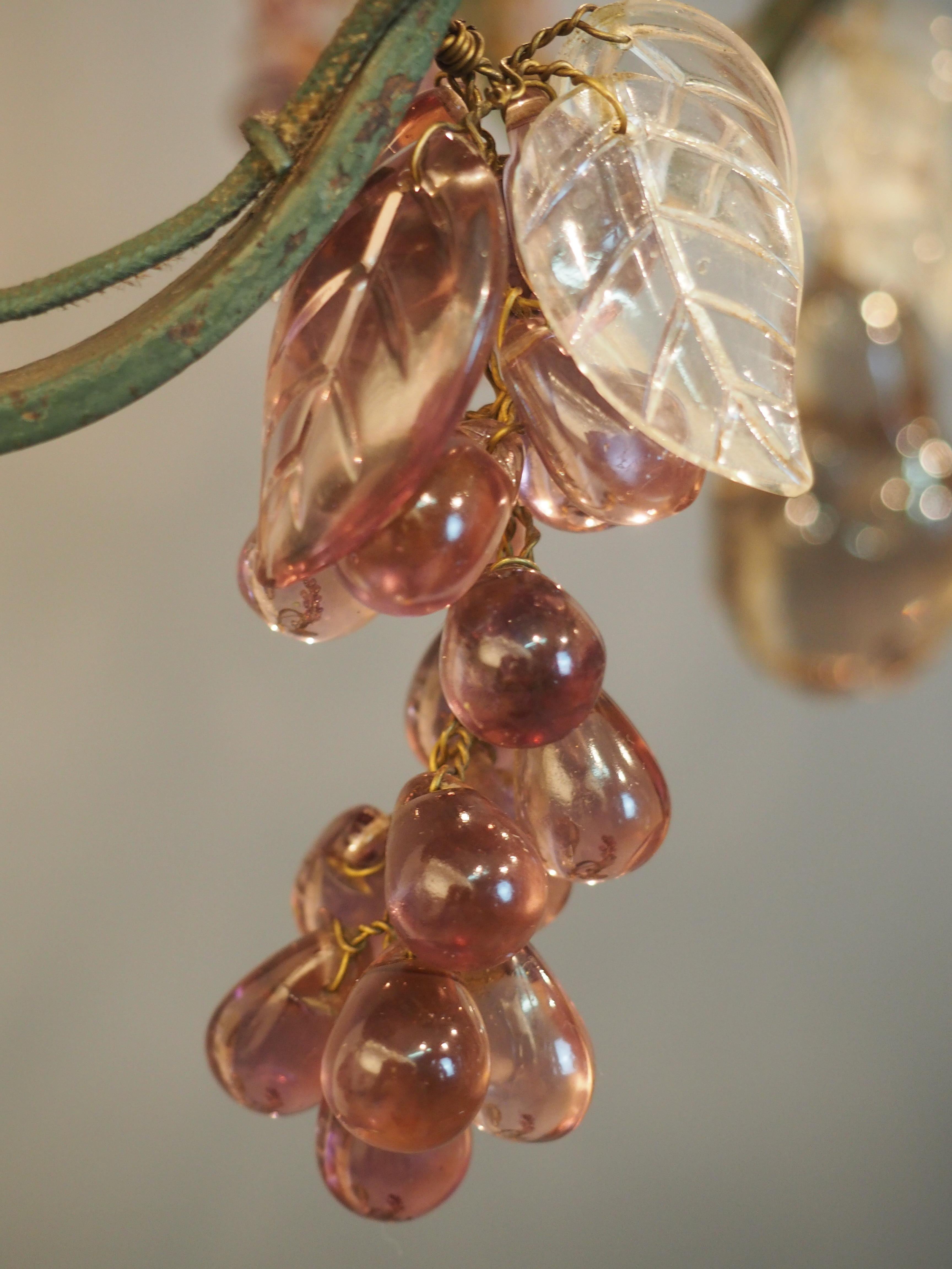 Early 20th Century Green Painted and Gilt Wrought Iron Amethyst Chandelier with Fruits, 1900s For Sale