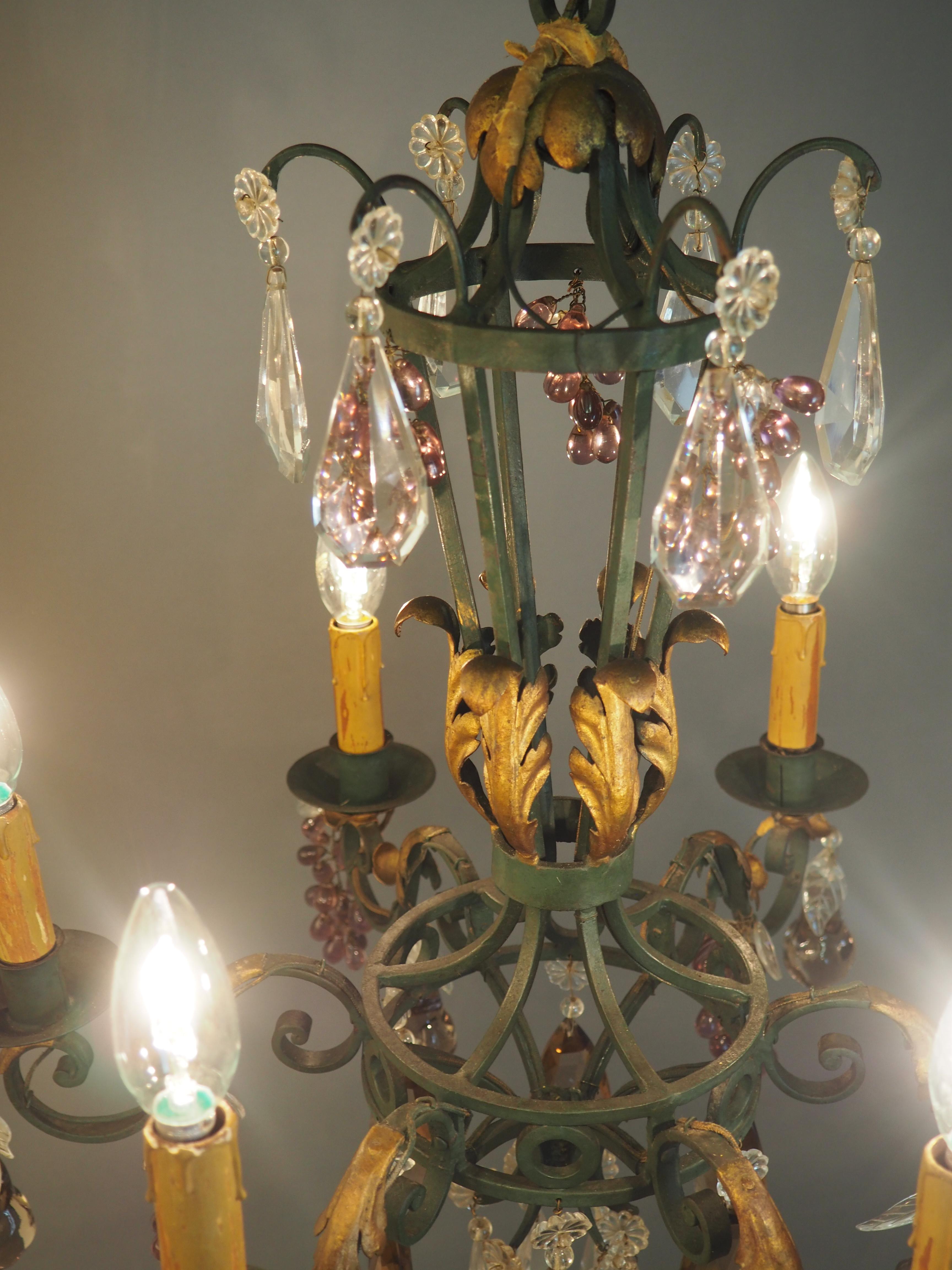 Glass Green Painted and Gilt Wrought Iron Amethyst Chandelier with Fruits, 1900s For Sale