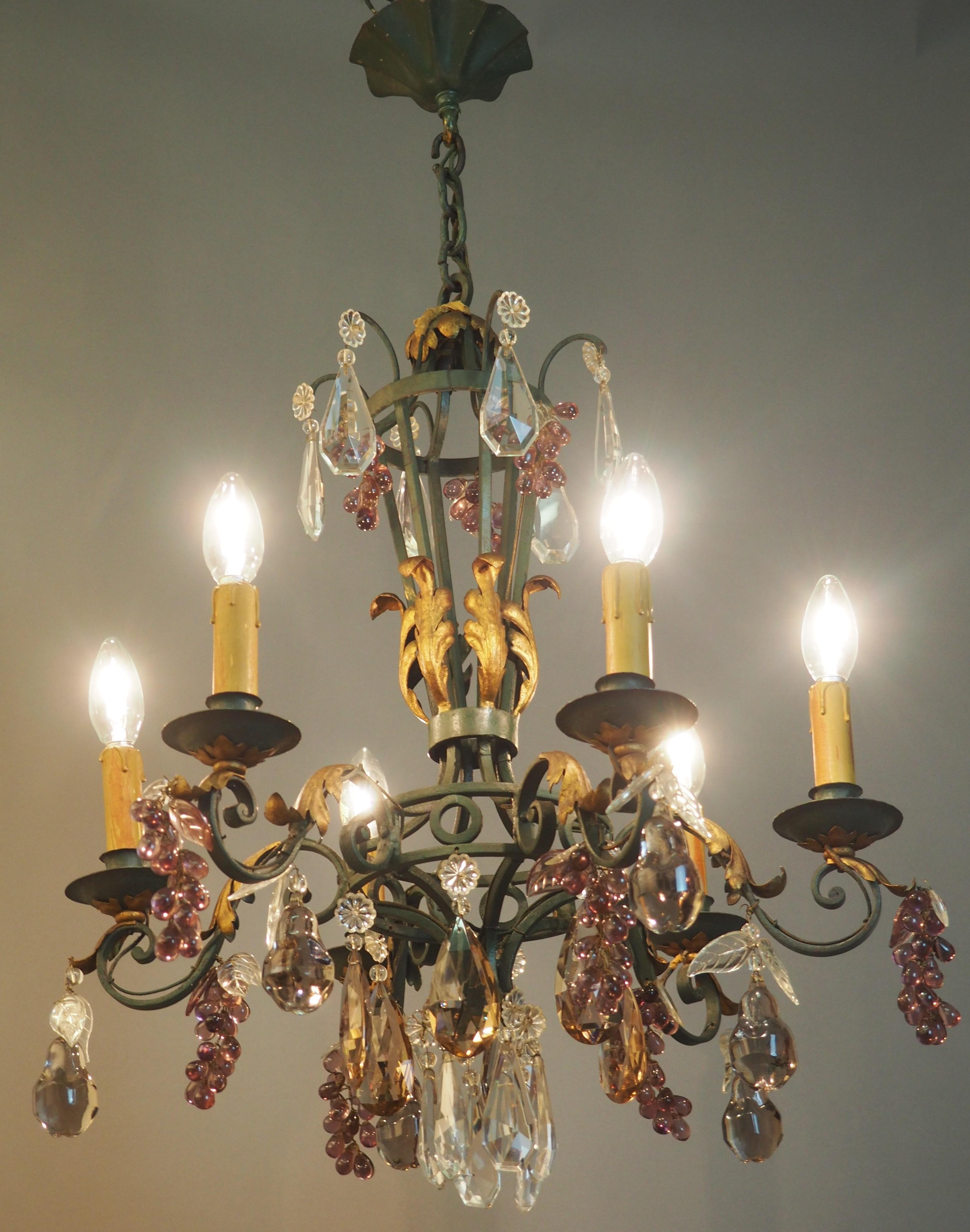 Green Painted and Gilt Wrought Iron Amethyst Chandelier with Fruits, 1900s For Sale 1