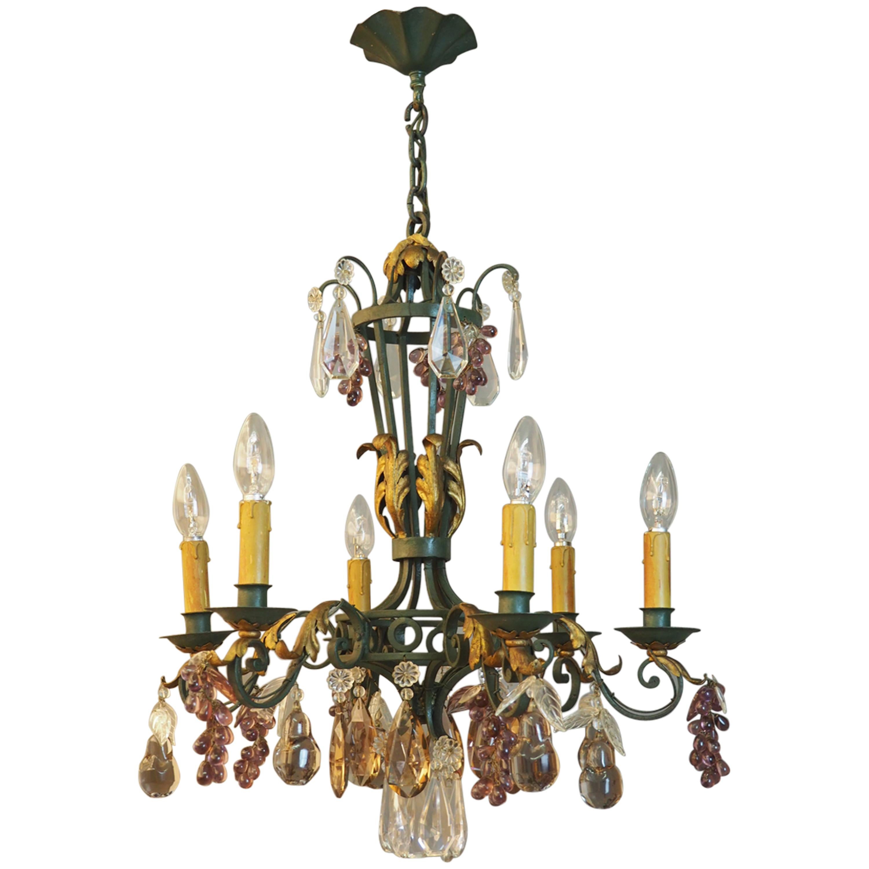 Green Painted and Gilt Wrought Iron Amethyst Chandelier with Fruits, 1900s For Sale