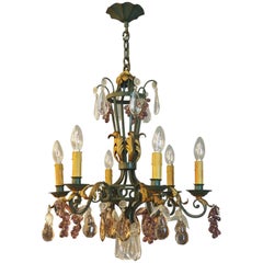 Green Painted and Gilt Wrought Iron Amethyst Chandelier with Fruits, 1900s