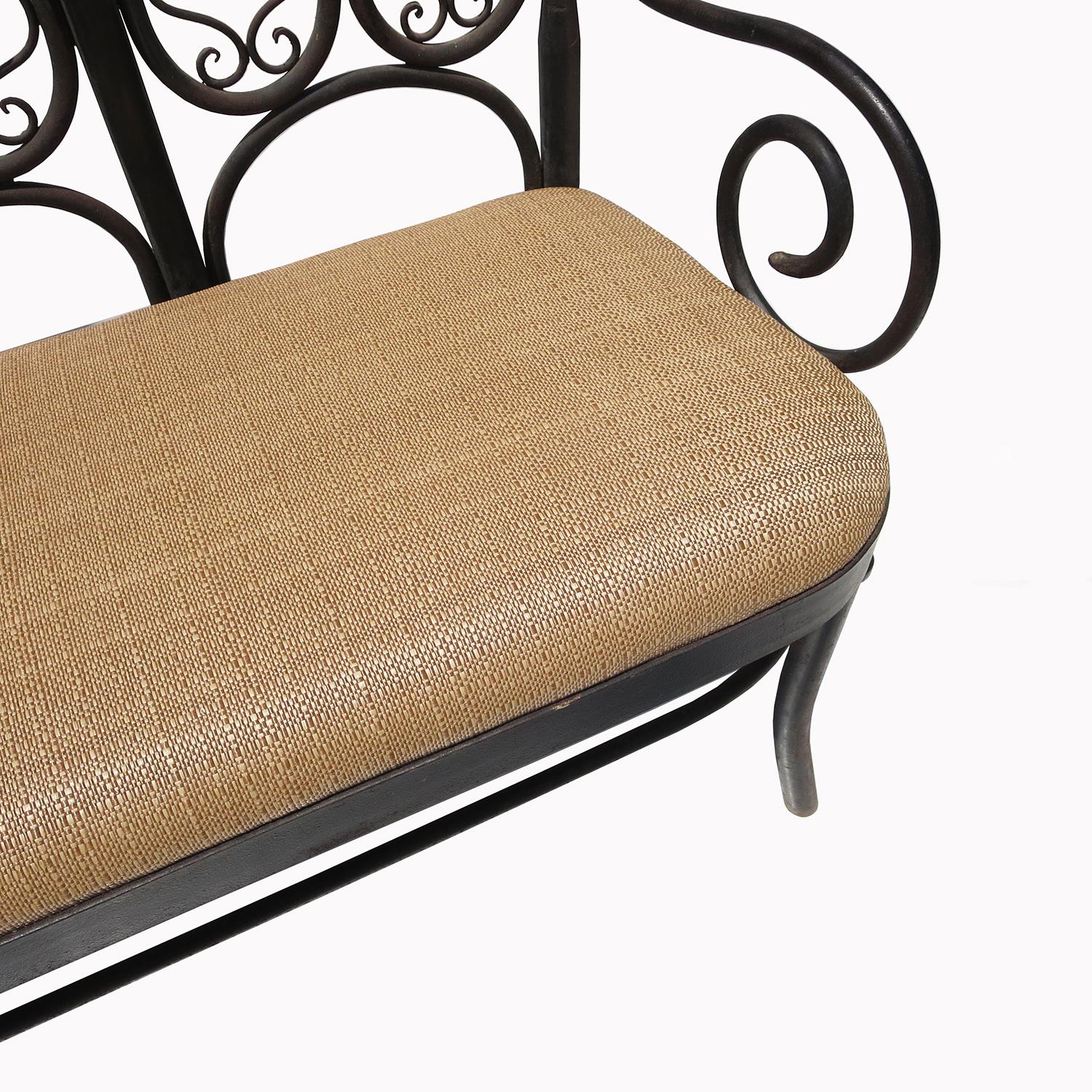 This wonderful bench is unlike others we have seen. All metals are solid iron, including the thicker legs. The bench is solid and heavy! The quality of the handwrought bending and the overall pleasing design show this to be the work of a very