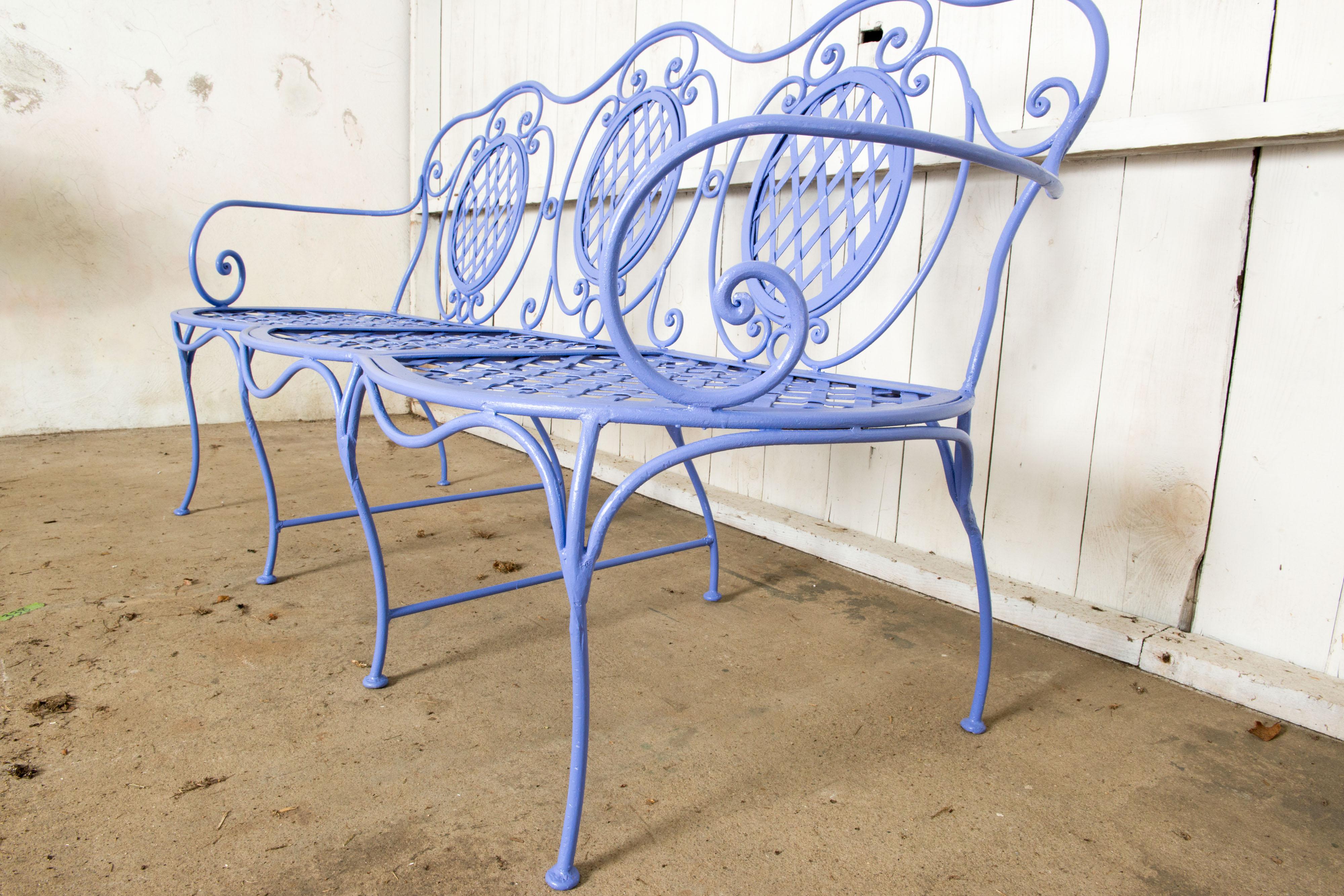 Wrought Iron Garden Bench, Periwinkle For Sale 2