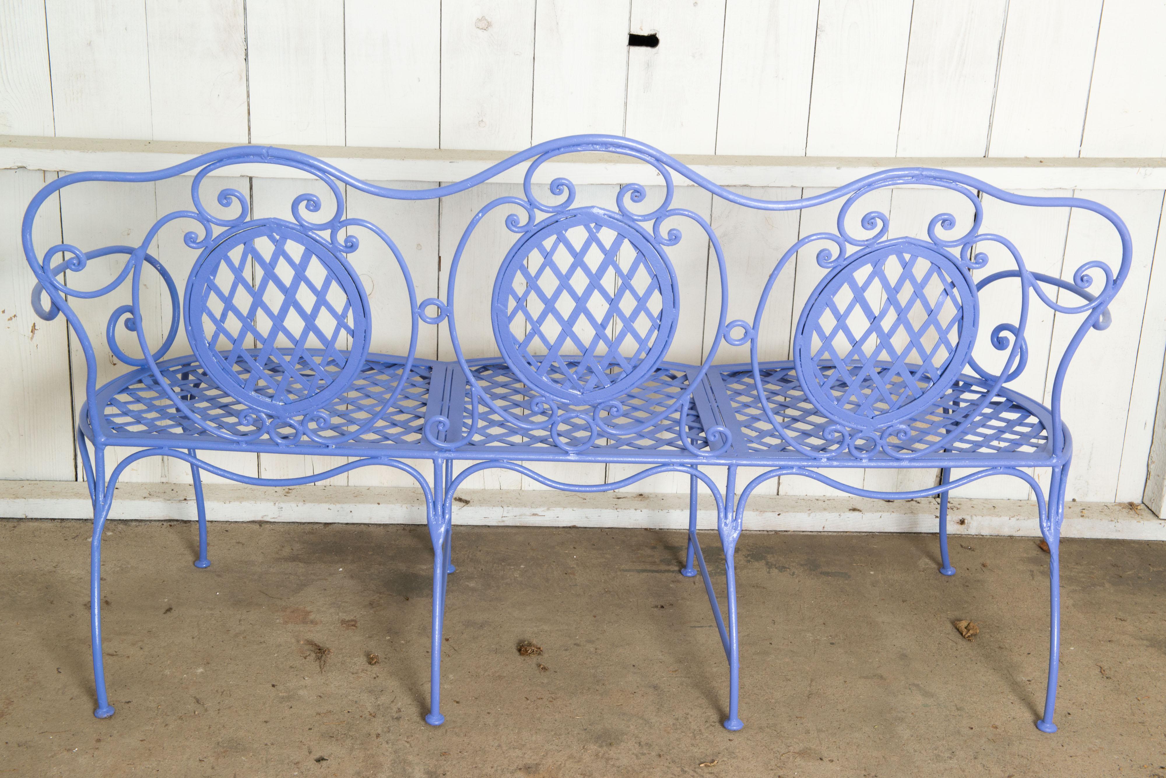 Wrought Iron Garden Bench, Periwinkle For Sale 5