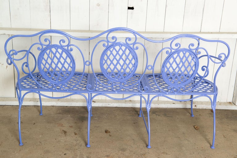 Wrought Iron Garden Bench, Periwinkle For Sale 6