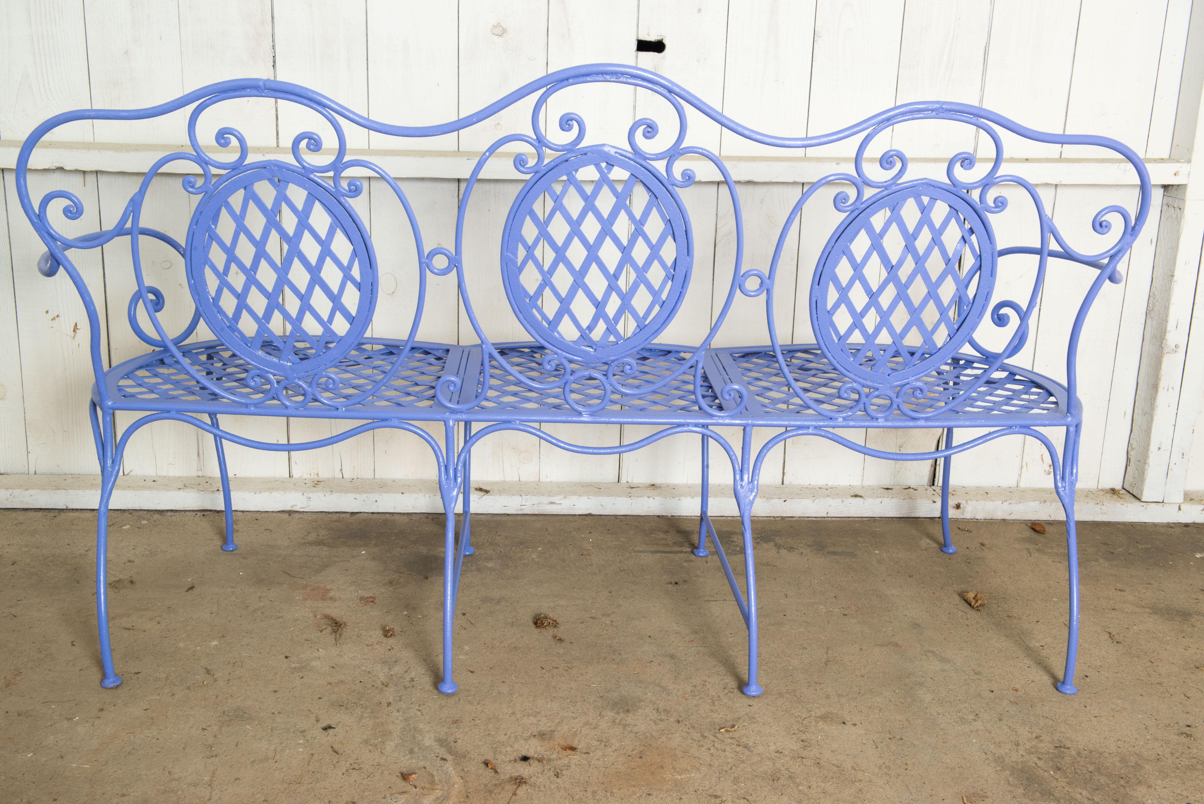 Wrought Iron Garden Bench, Periwinkle For Sale 6