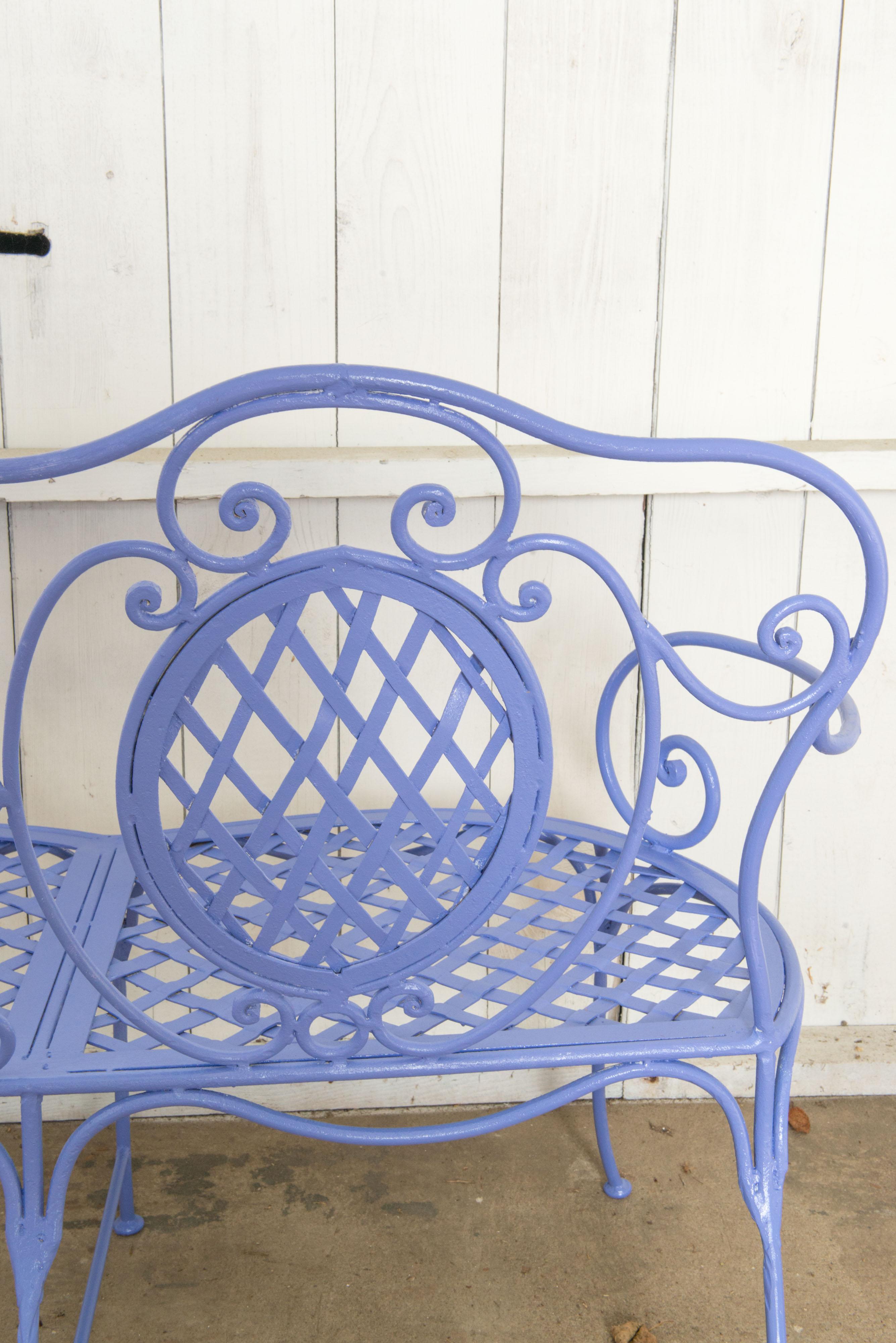 Wrought Iron Garden Bench, Periwinkle For Sale 7