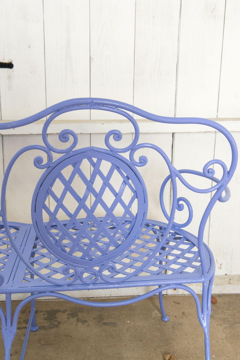 Wrought Iron Garden Bench, Periwinkle For Sale 8
