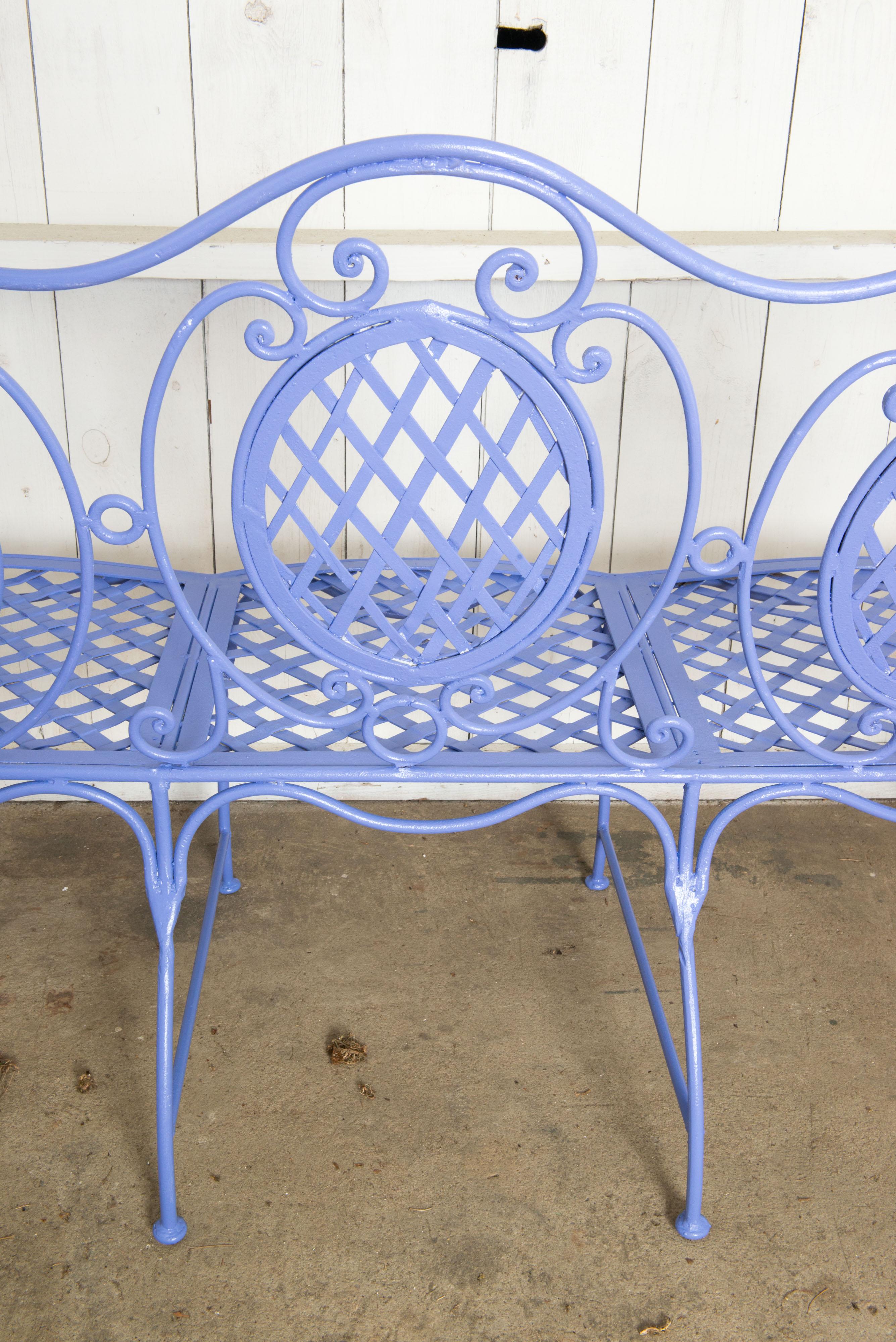 Wrought Iron Garden Bench, Periwinkle For Sale 8