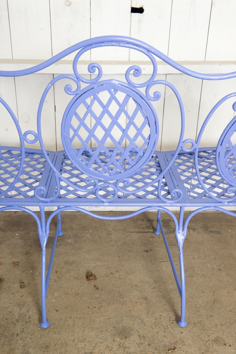 Wrought Iron Garden Bench, Periwinkle For Sale 9