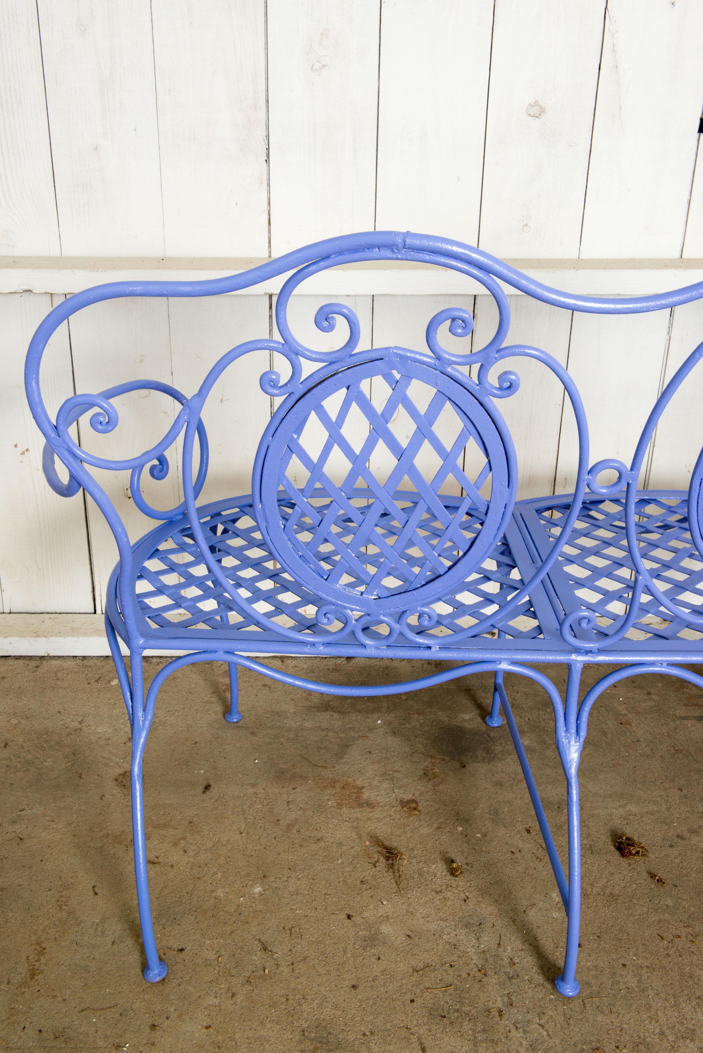 Wrought Iron Garden Bench, Periwinkle For Sale 9