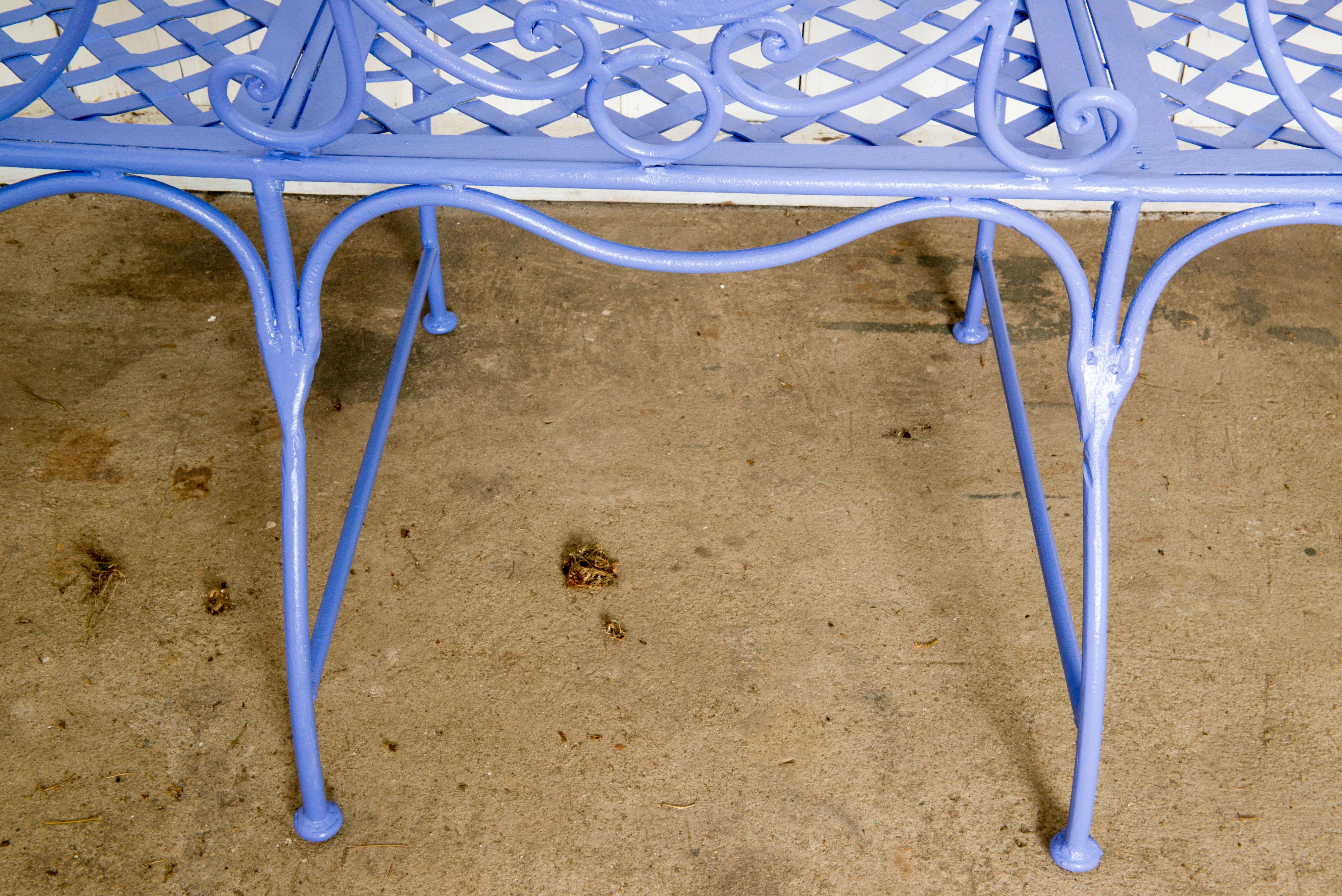 Wrought Iron Garden Bench, Periwinkle For Sale 11