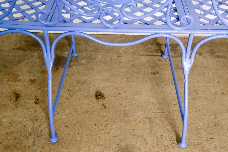 Wrought Iron Garden Bench, Periwinkle For Sale 12