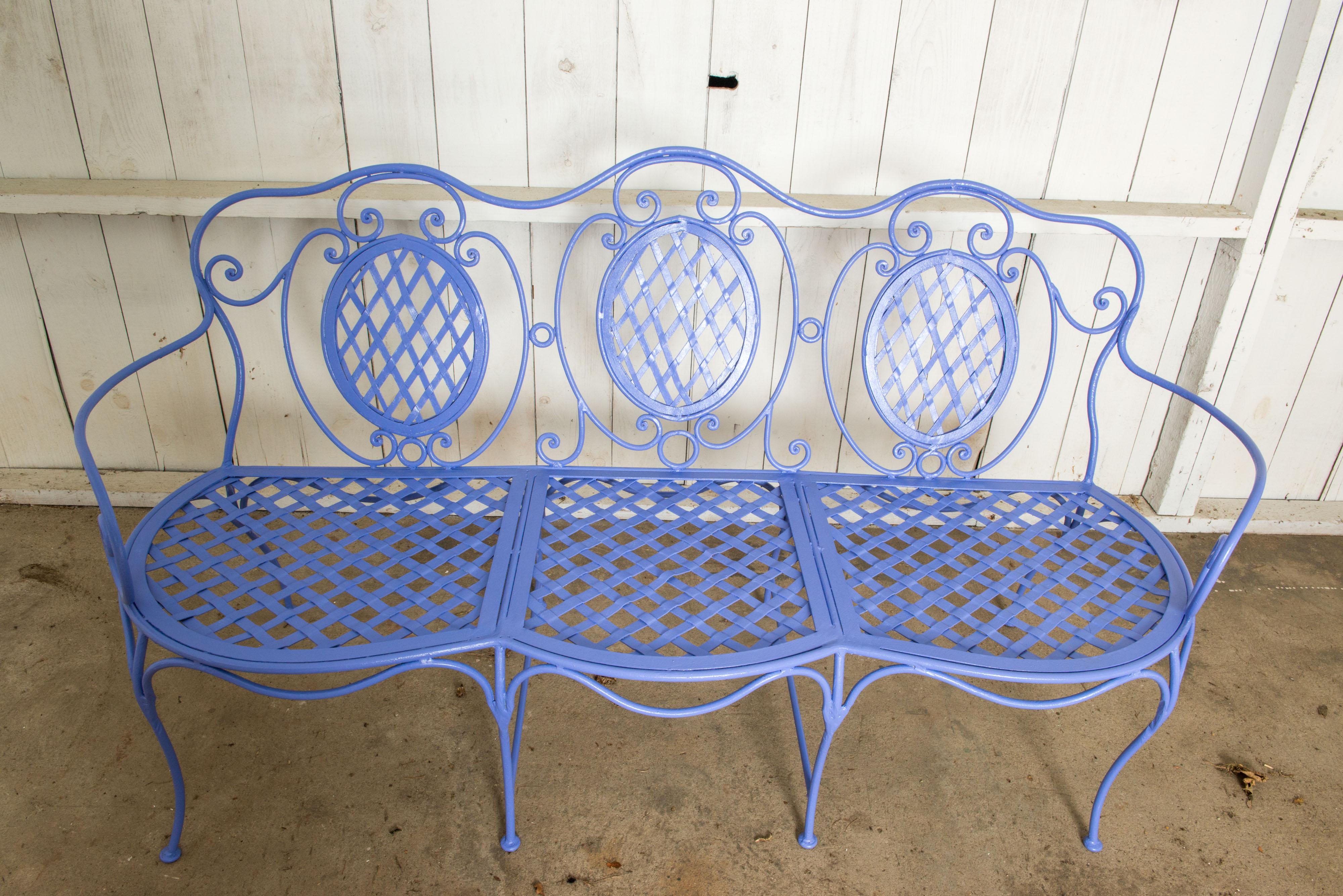 Baroque Revival Wrought Iron Garden Bench, Periwinkle For Sale