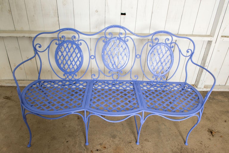 American Wrought Iron Garden Bench, Periwinkle For Sale