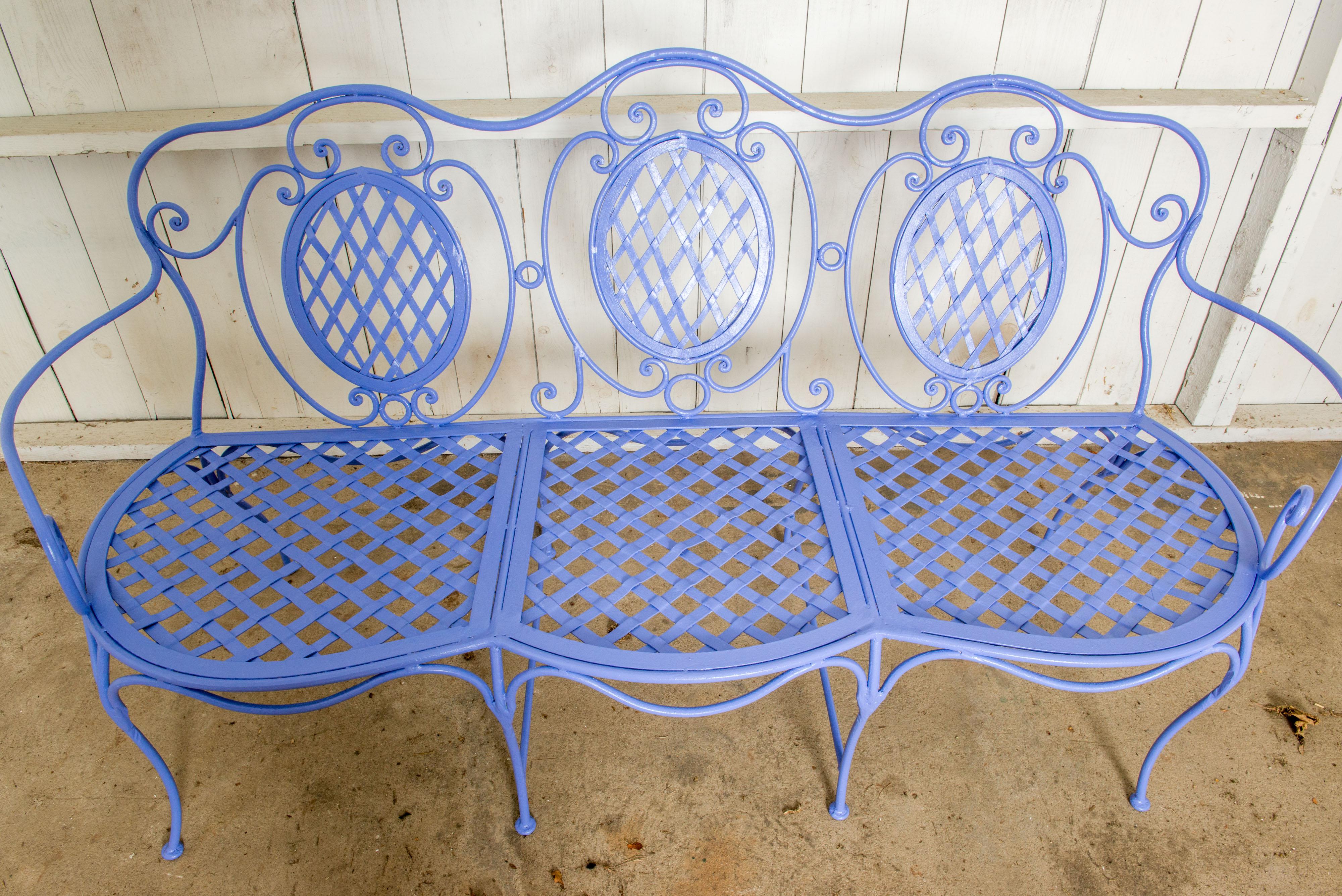 Painted Wrought Iron Garden Bench, Periwinkle For Sale