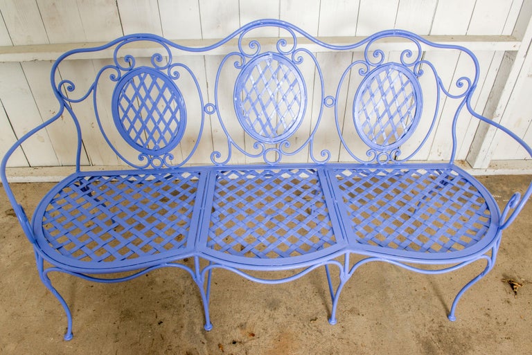 Wrought Iron Garden Bench, Periwinkle In Good Condition For Sale In Stamford, CT