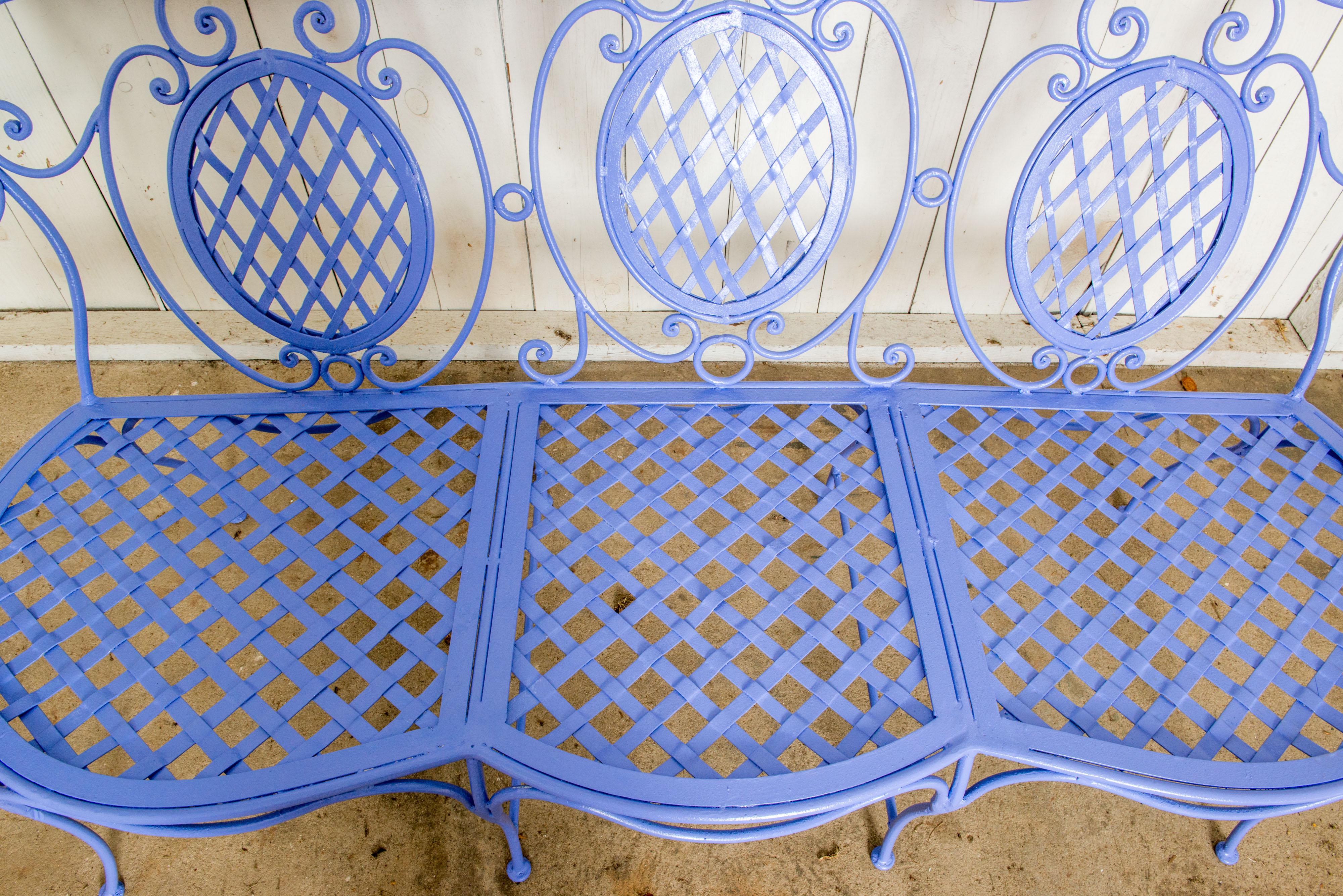 Wrought Iron Garden Bench, Periwinkle In Good Condition For Sale In Stamford, CT