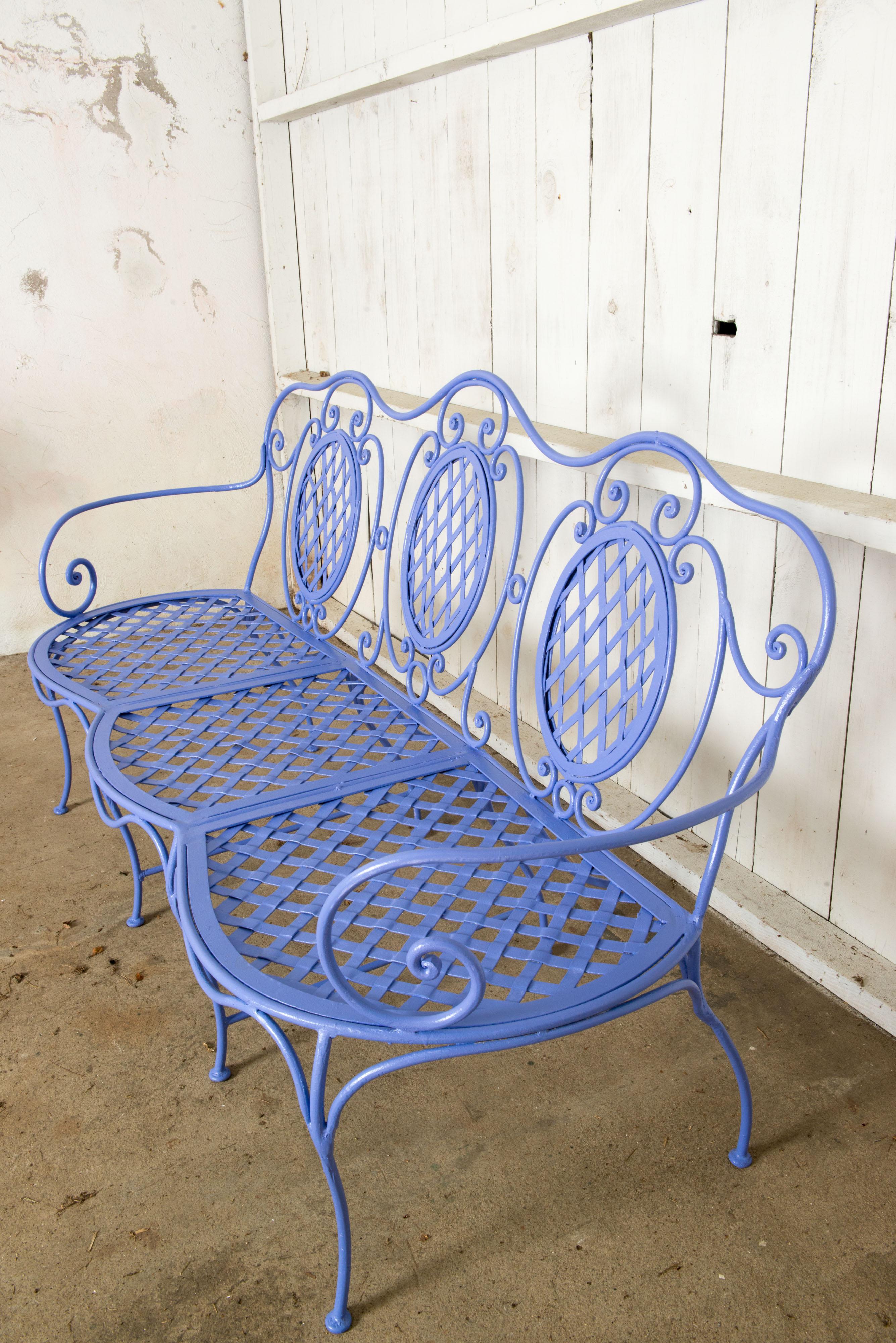 Late 20th Century Wrought Iron Garden Bench, Periwinkle For Sale