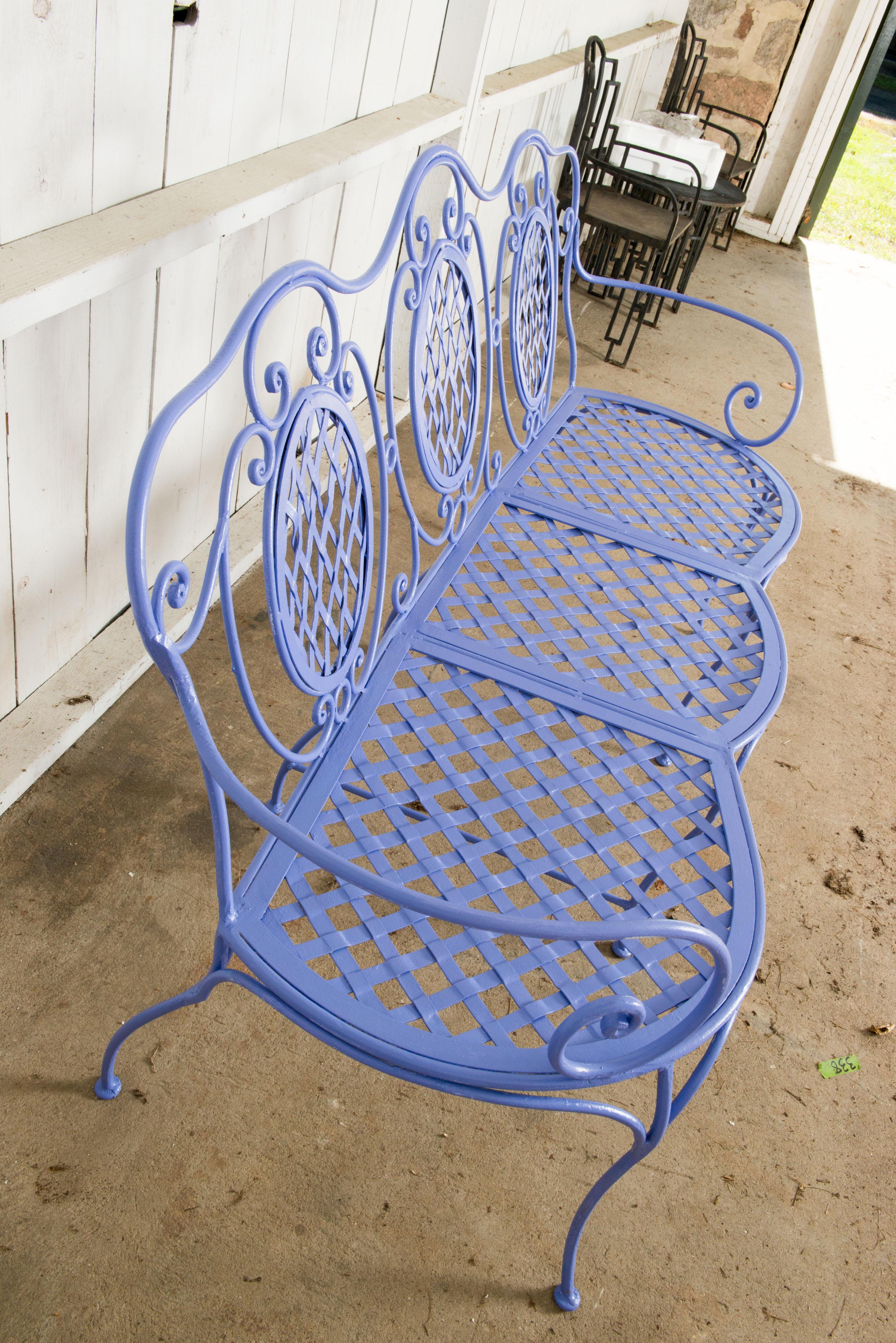 Wrought Iron Garden Bench, Periwinkle For Sale 1