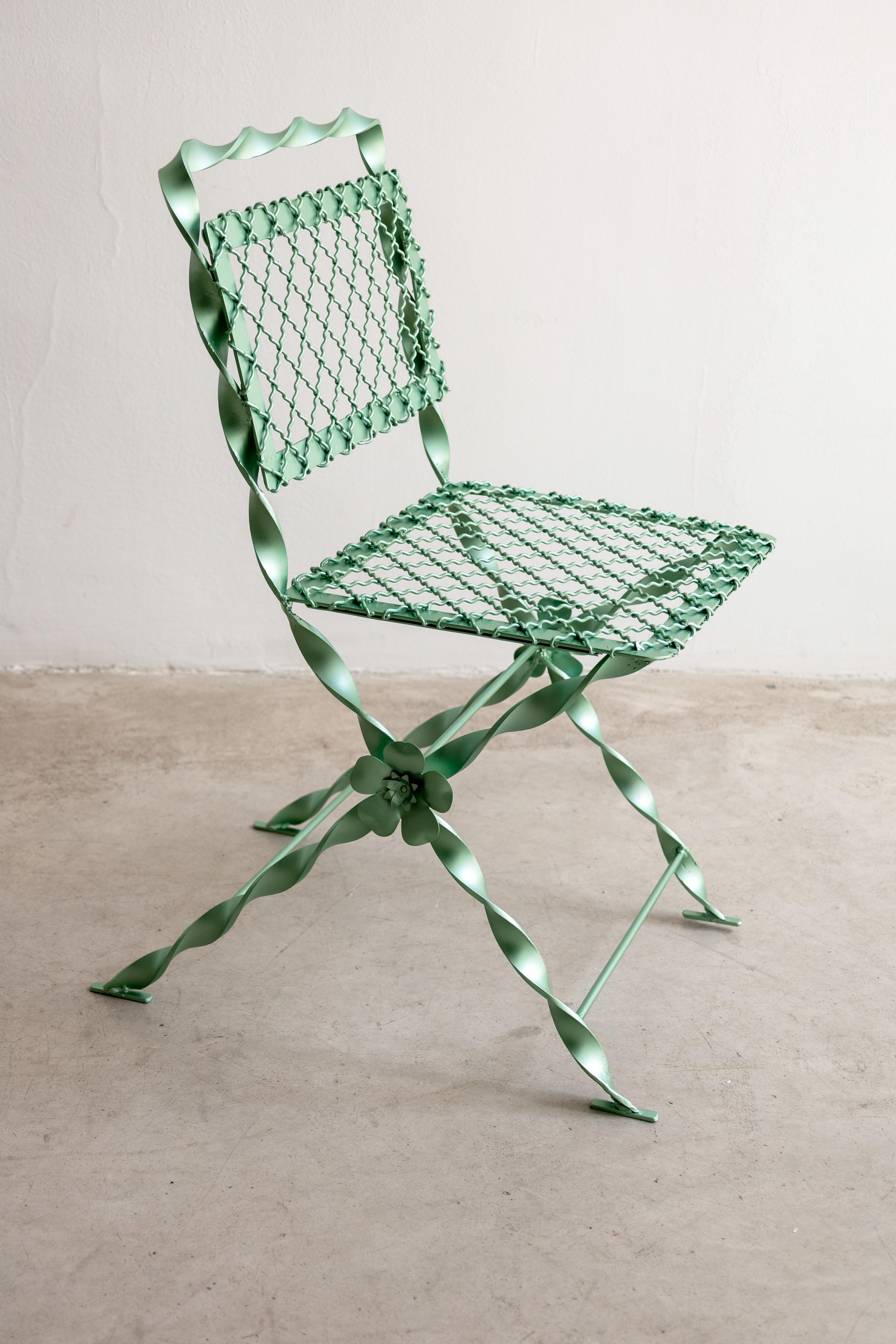 Forged Wrought Iron Garden Chair Metallic Tyffany's Green finish Contemporary Design For Sale