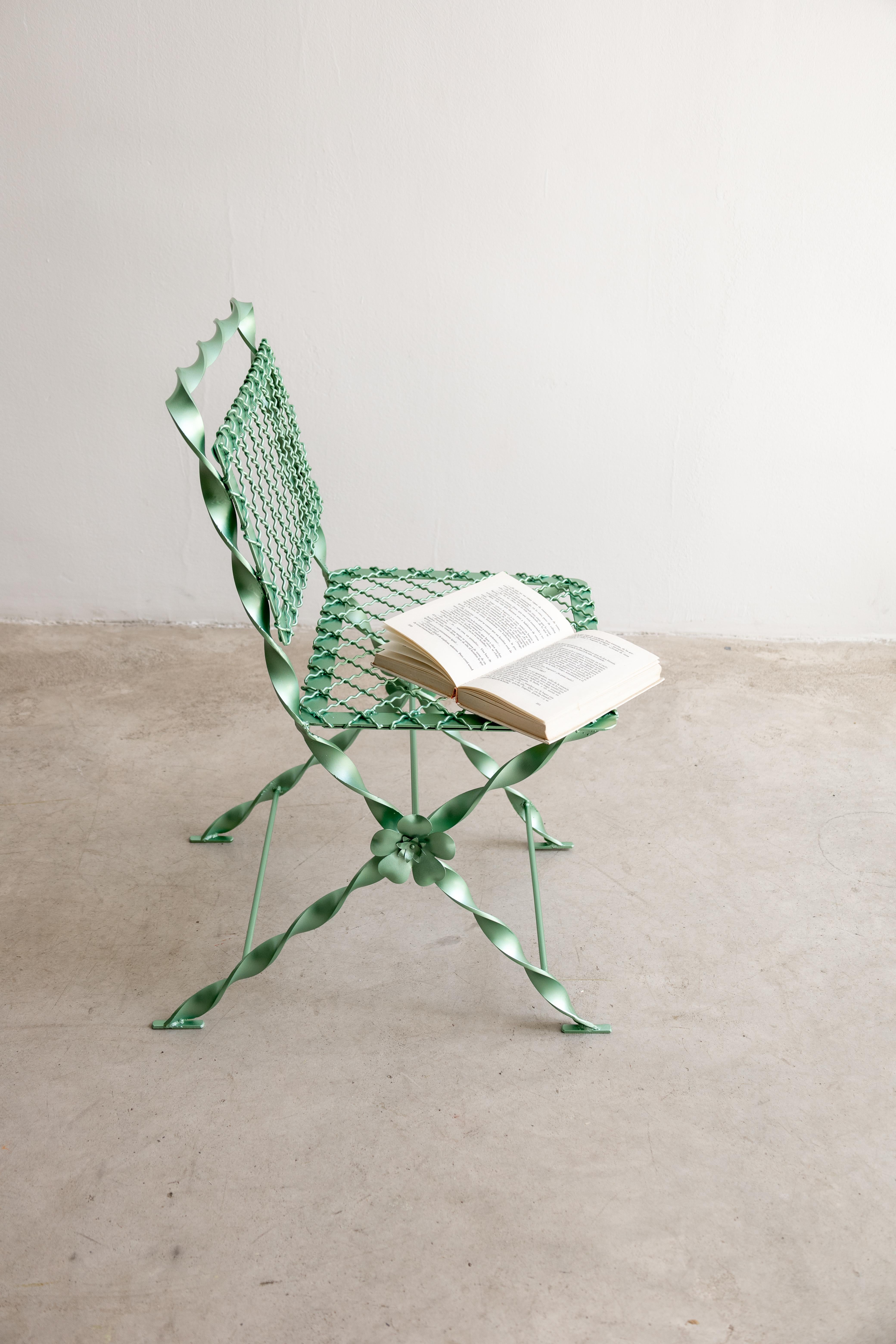 Wrought Iron Garden Chair Metallic Tyffany's Green finish Contemporary Design For Sale 2