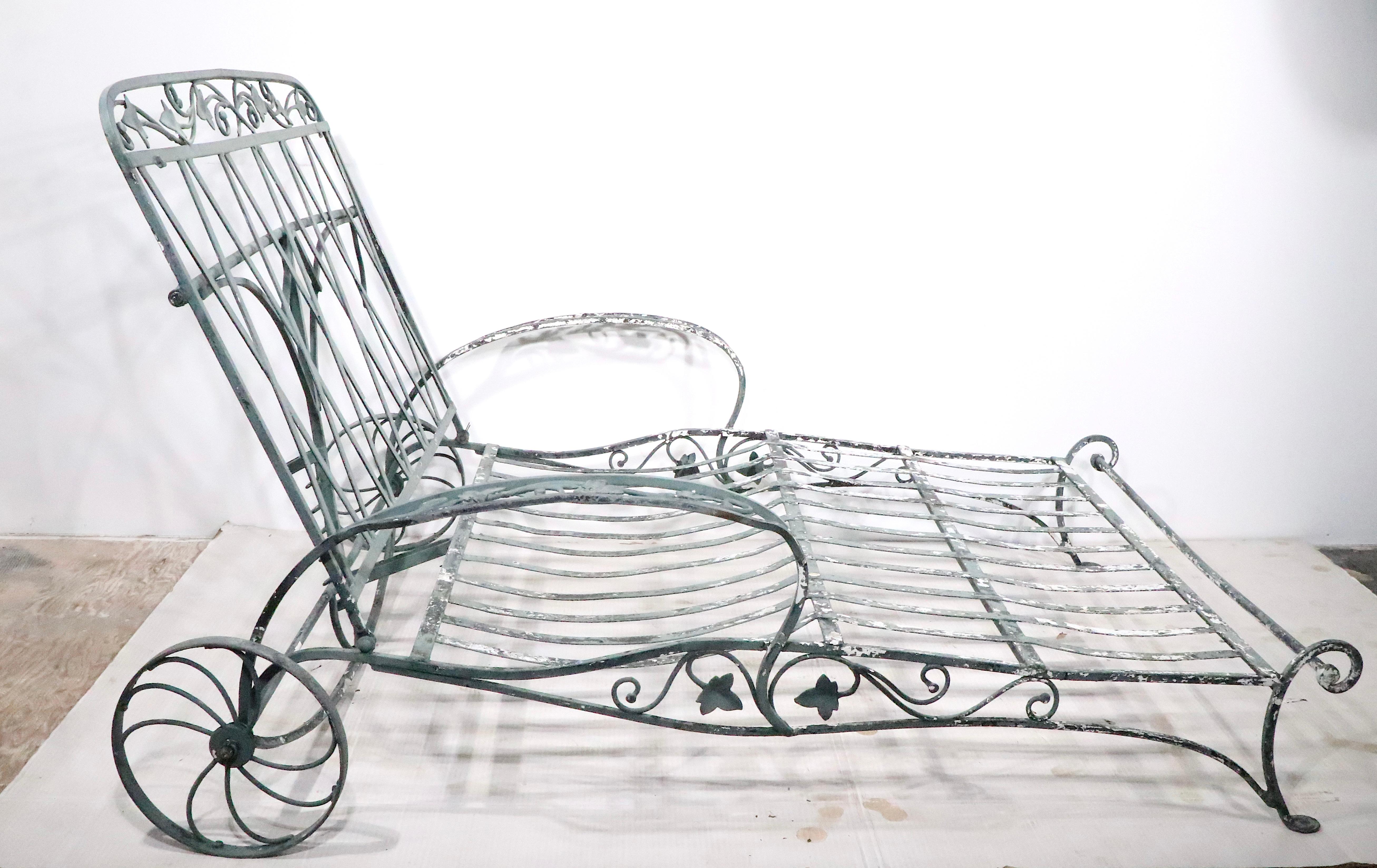 Art Deco  Wrought Iron Garden Patio  Double Wide Reclining Chaise Lounge by Salterini 