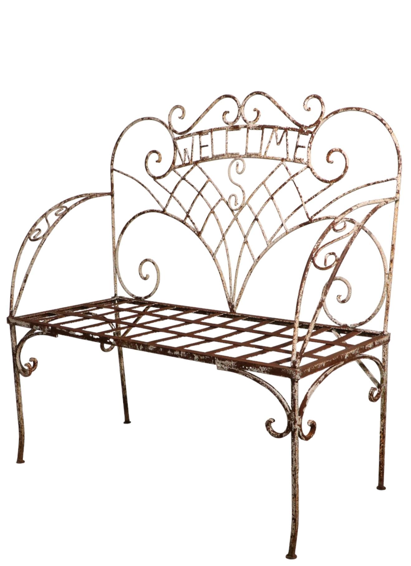 20th Century Wrought Iron Garden Patio Poolside Loveseat Welcome Bench For Sale
