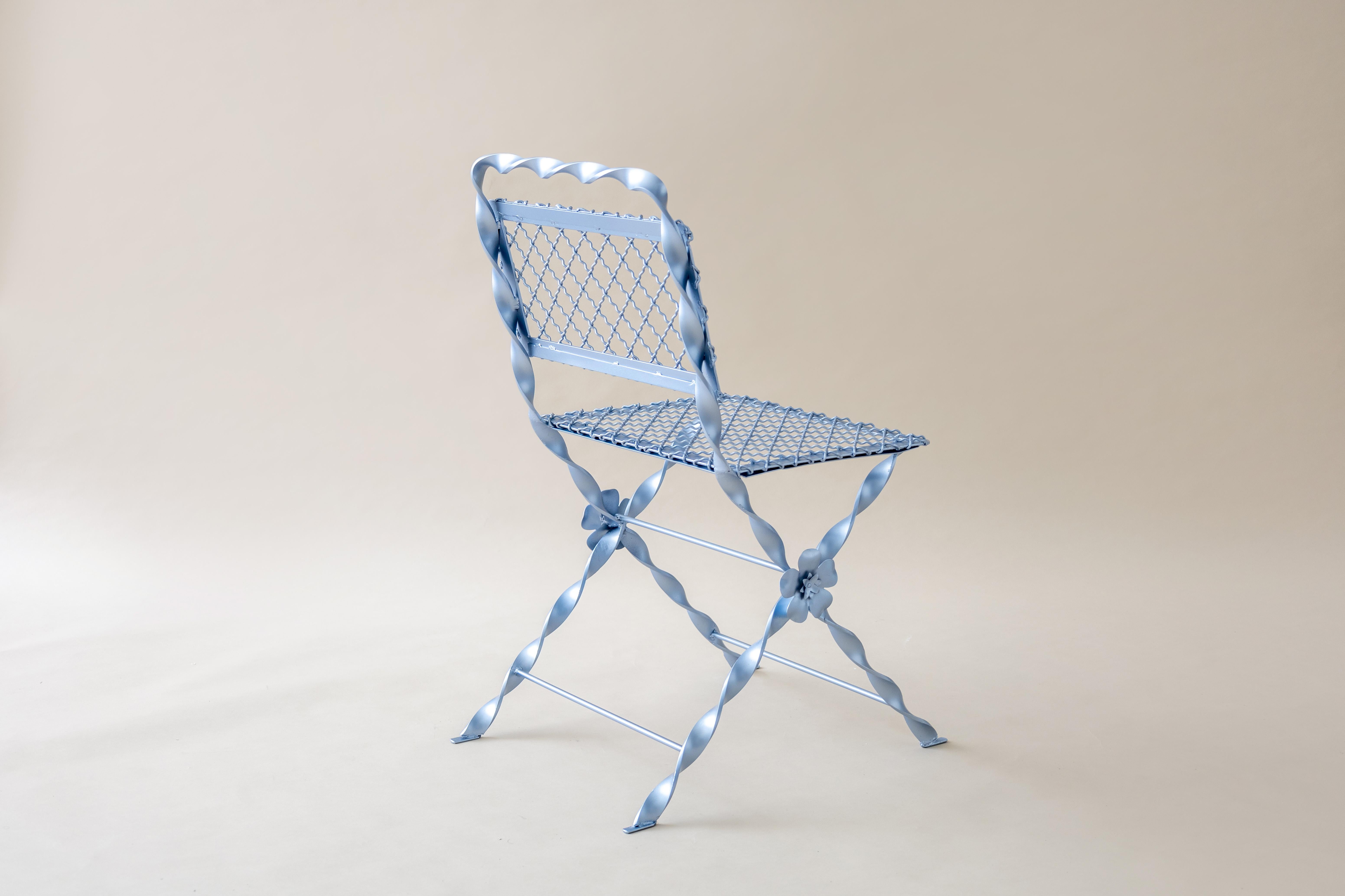 Wrought Iron Garden Set Metallic Sky Blue finish Contemporary Design For Sale 4