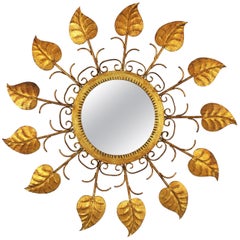 Wrought Iron Gilded Sunburst Mirror with Leaf and Scroll Motifs, Spain, 1950s