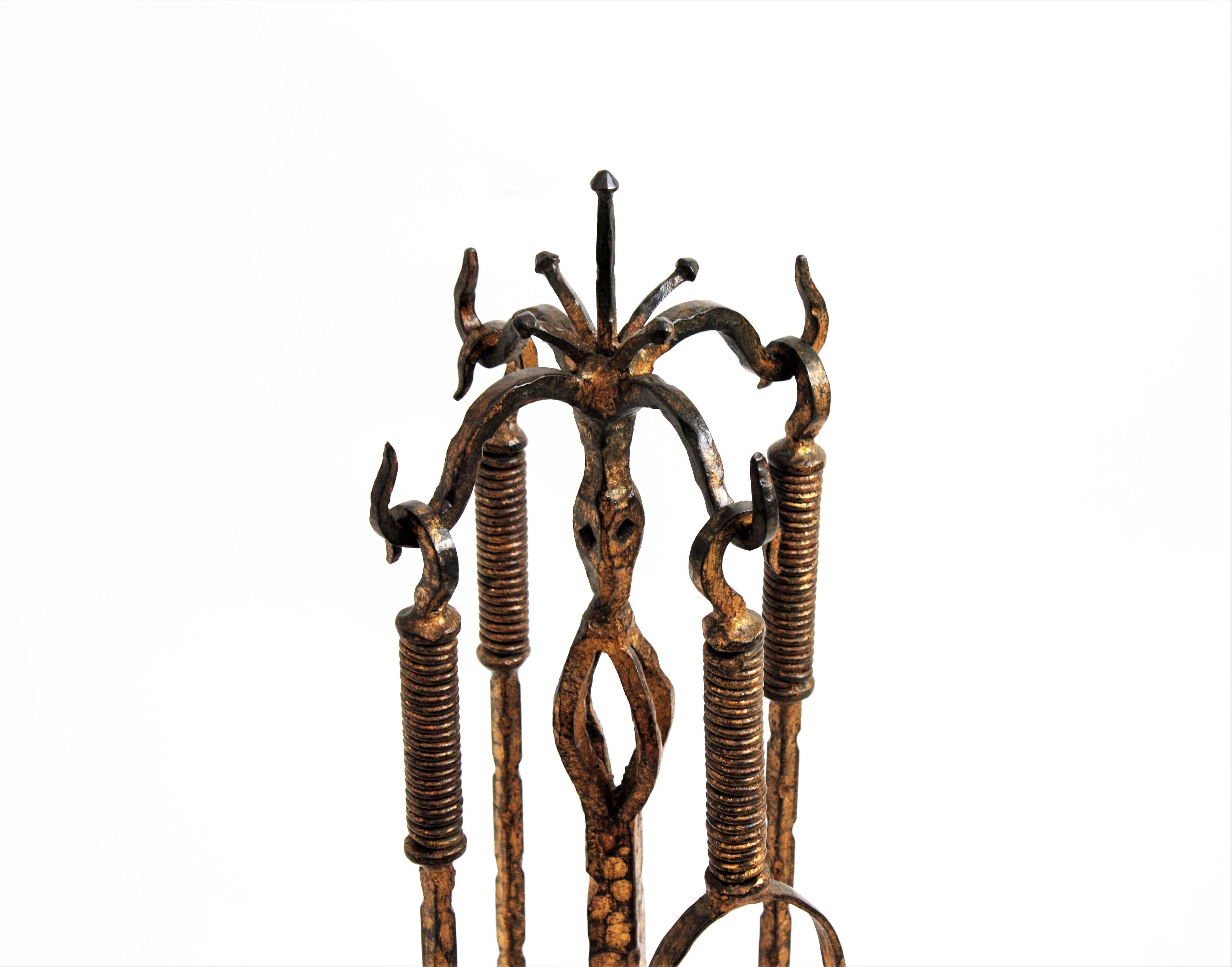 Forged Spanish Wrought Gilt Iron Gothic Revival Fireplace Tool Set Stand, 19th Century