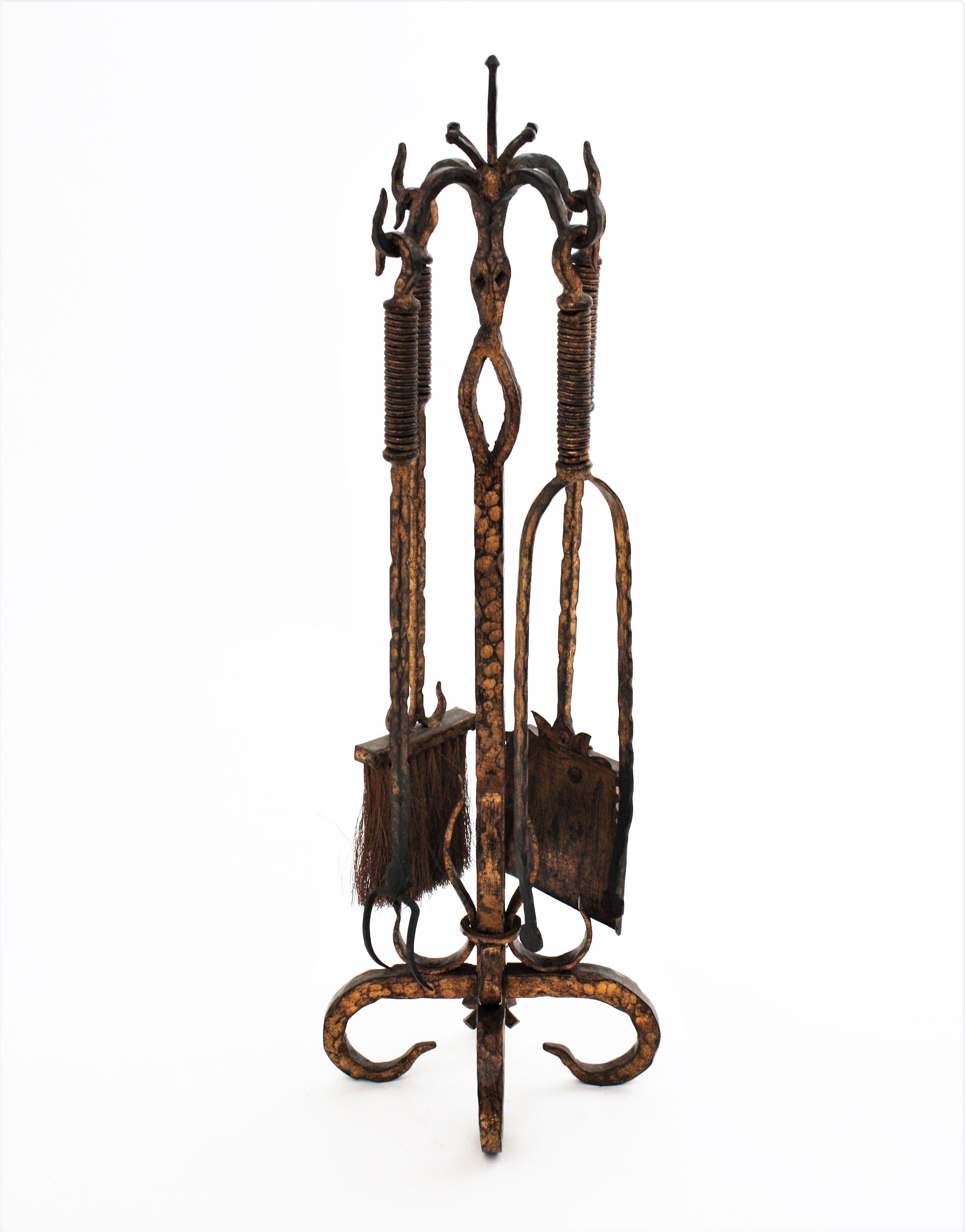 Spanish Wrought Gilt Iron Gothic Revival Fireplace Tool Set Stand, 19th Century 1