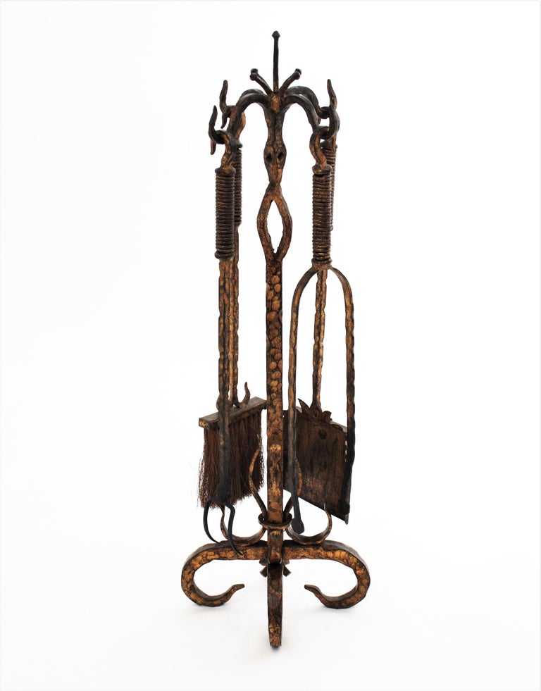 Spanish Wrought Gilt Iron Gothic Revival Fireplace Tool Set Stand, 19th ...