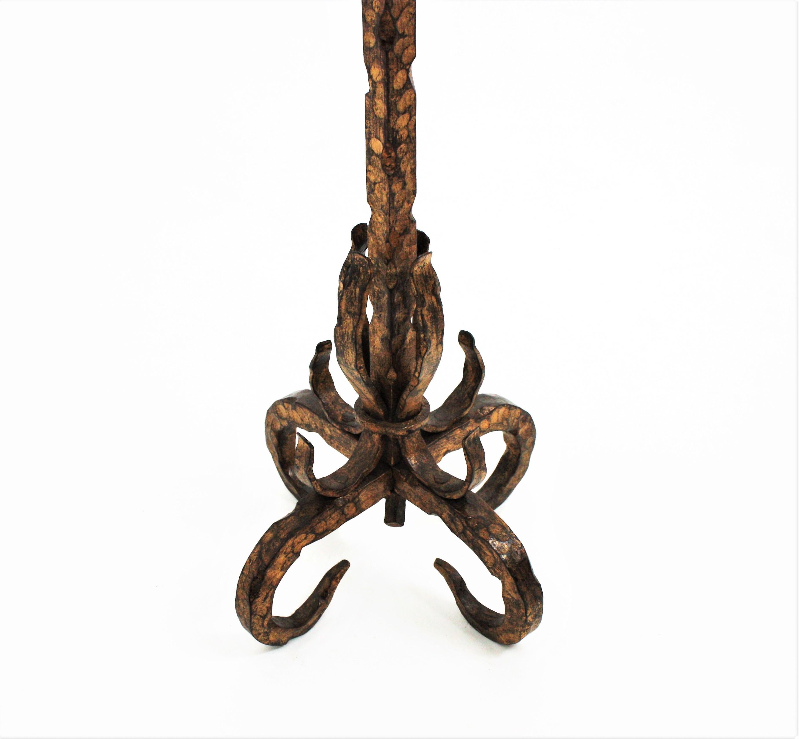 Spanish Wrought Gilt Iron Gothic Revival Fireplace Tool Set Stand, 19th Century 2