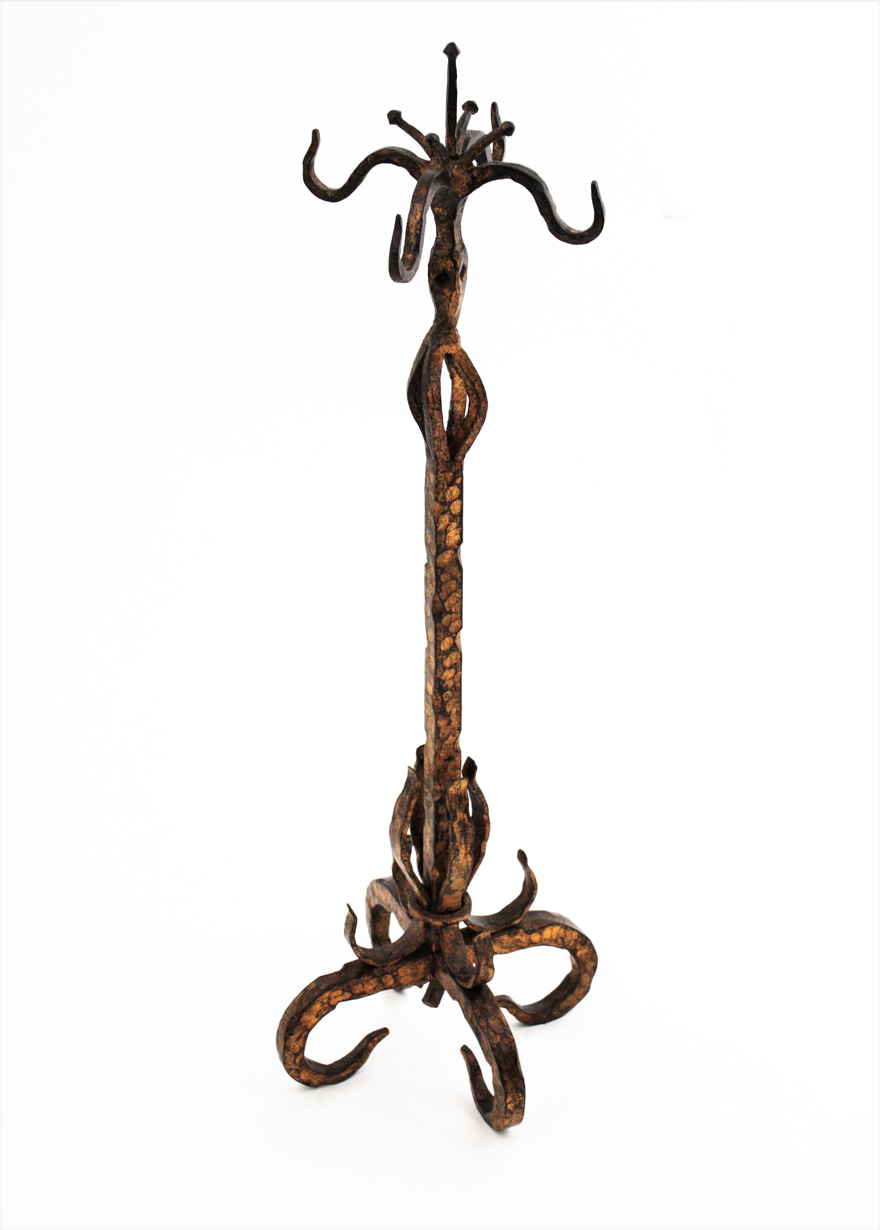 Spanish Wrought Gilt Iron Gothic Revival Fireplace Tool Set Stand, 19th Century 5