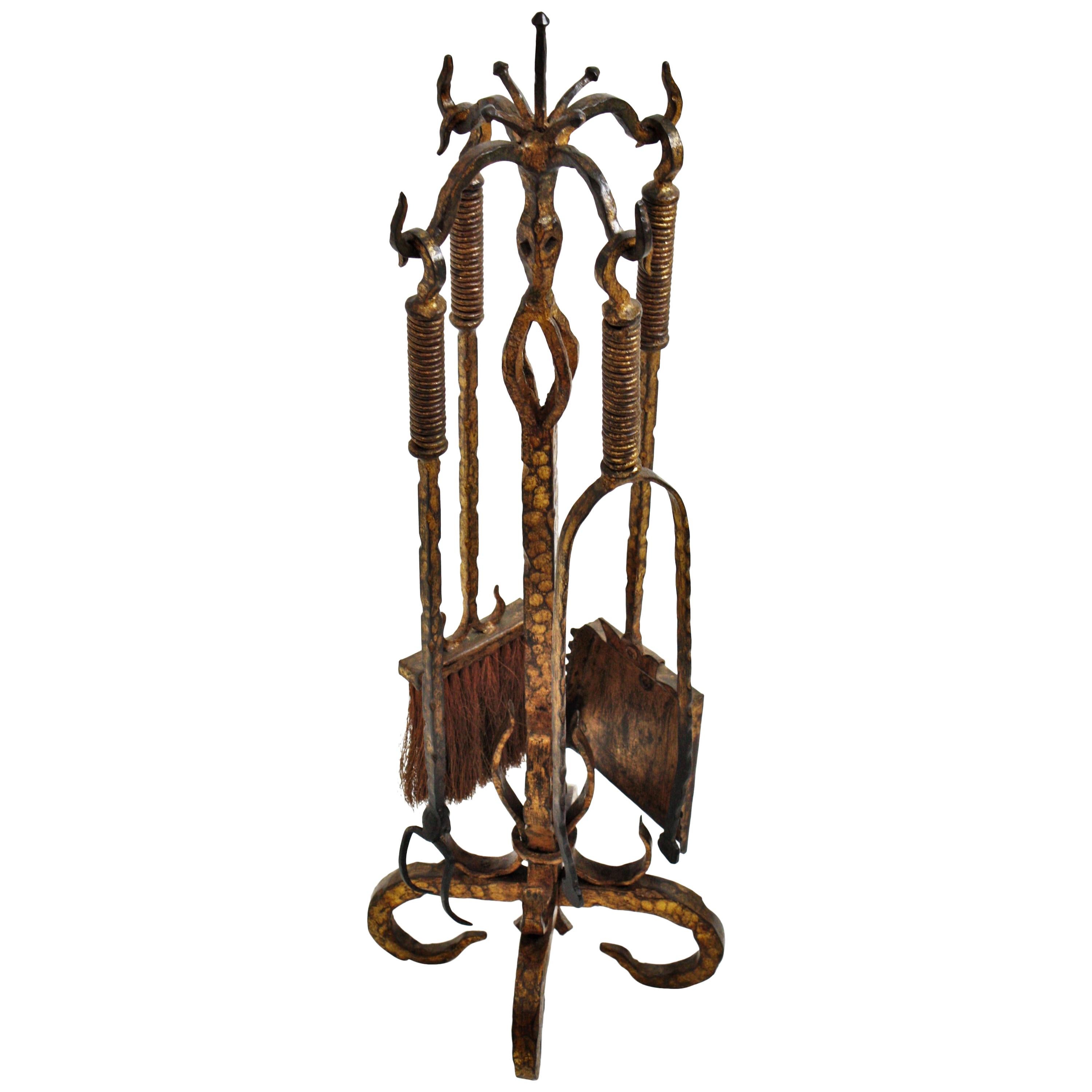 Spanish Wrought Gilt Iron Gothic Revival Fireplace Tool Set Stand, 19th Century