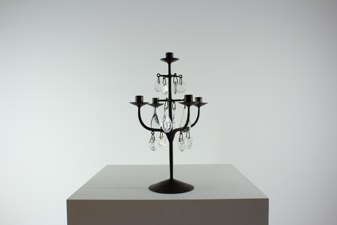 Scandinavian Modern Wrought Iron & Glass Candelabra by Erik Höglund, Sweden, 1960s