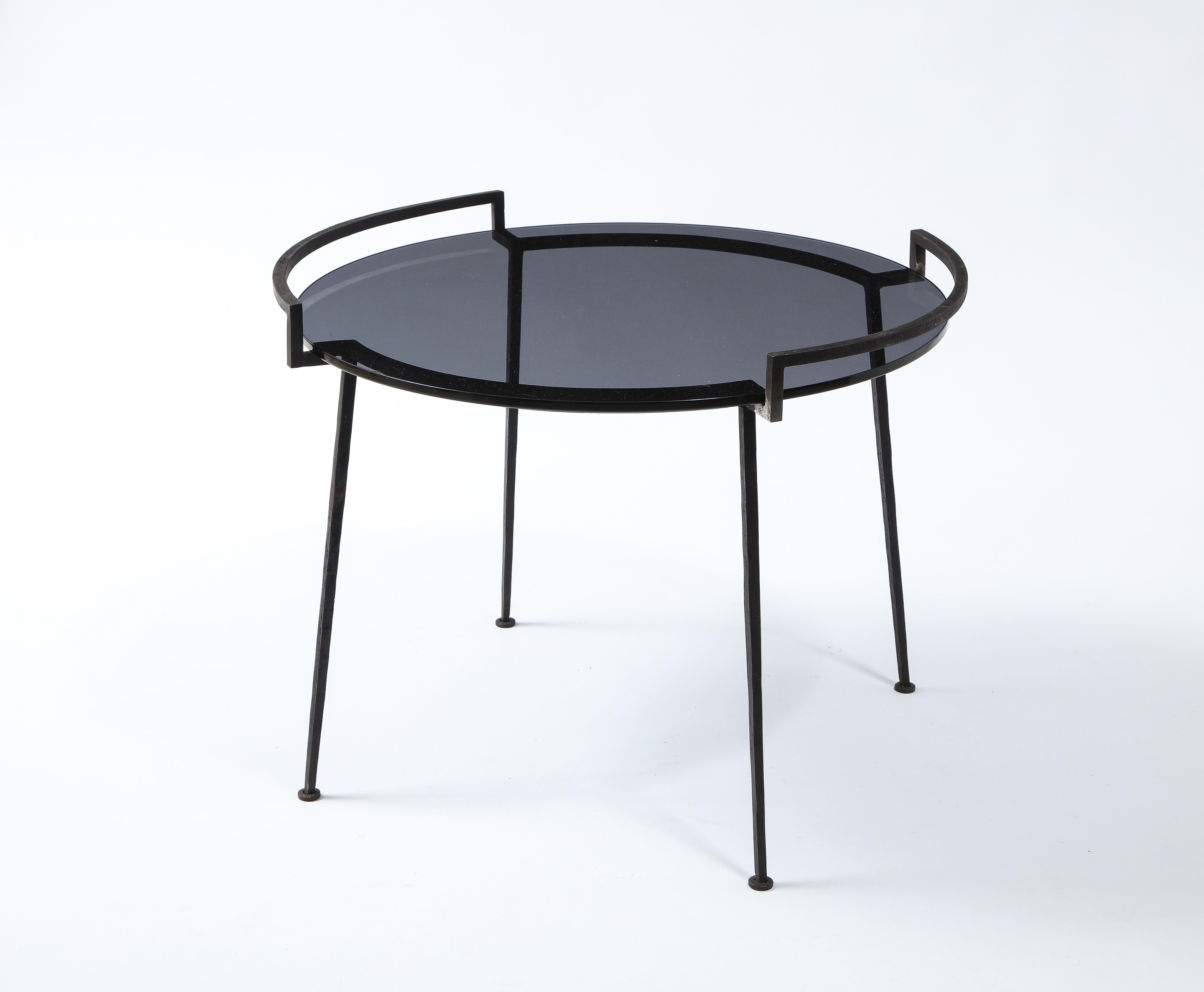 Mid-Century Modern Wrought Iron & Smoked Glass Occasional Table, France 1960's For Sale