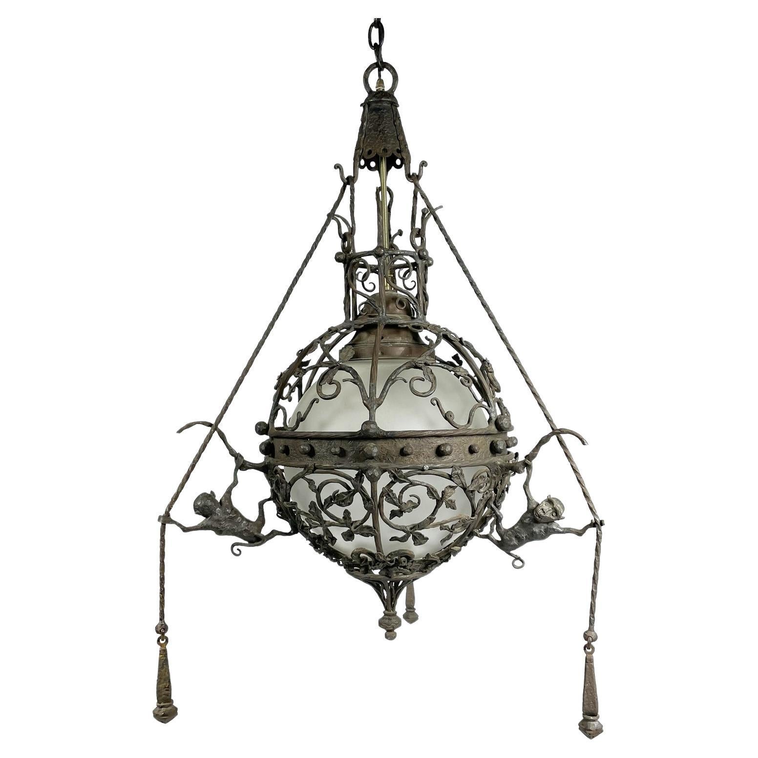 Wrought Iron & Glass Custom Chandelier from the Sylvester Stallone Home For Sale
