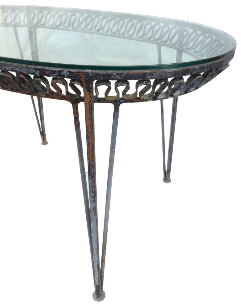 Mid-Century Modern Wrought Iron & Glass Elliptical Console Table by Salterini For Sale