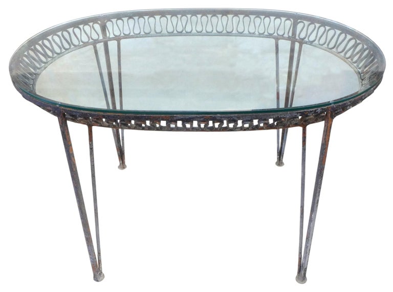 American Wrought Iron & Glass Elliptical Console Table by Salterini For Sale