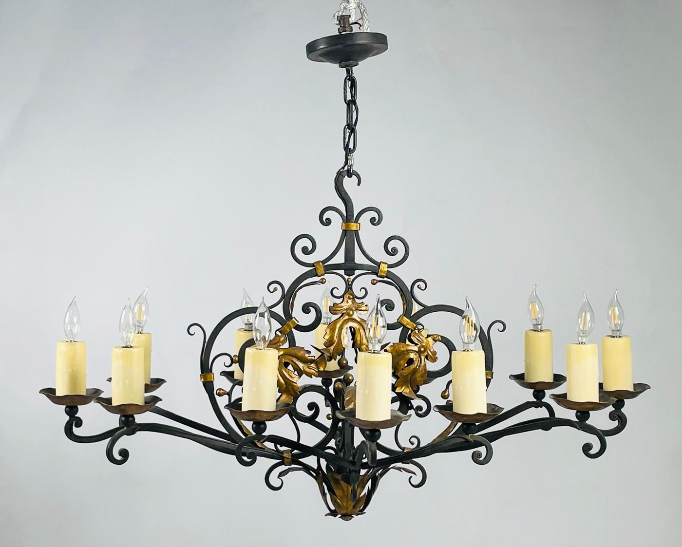 Contemporary Wrought Iron & Gold Gilt Chandelier by Paul Ferrante, USA 2016 For Sale