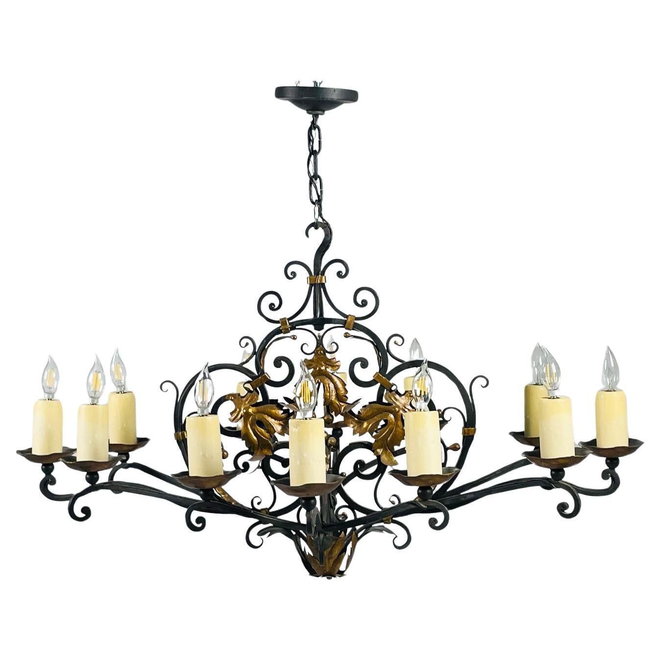 Wrought Iron & Gold Gilt Chandelier by Paul Ferrante, USA 2016 For Sale